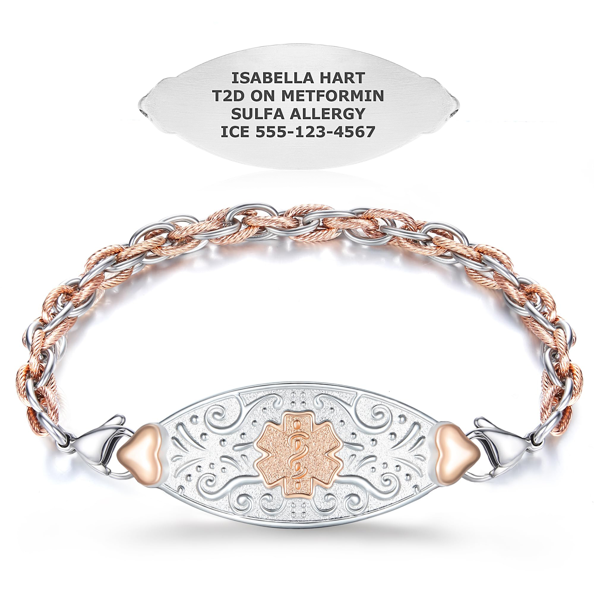 A stylish two-tone medical alert bracelet featuring a silver and rose gold intertwined chain and a central silver plaque with intricate scrollwork and a rose gold Star of Life emblem. The bracelet is displayed on a white background, with a separate silver plaque above it engraved with "ISABELLA HART," "T2D ON METFORMIN," "SULFA ALLERGY," and "ICE 555-123-4567." The design combines functionality with an elegant jewelry aesthetic.