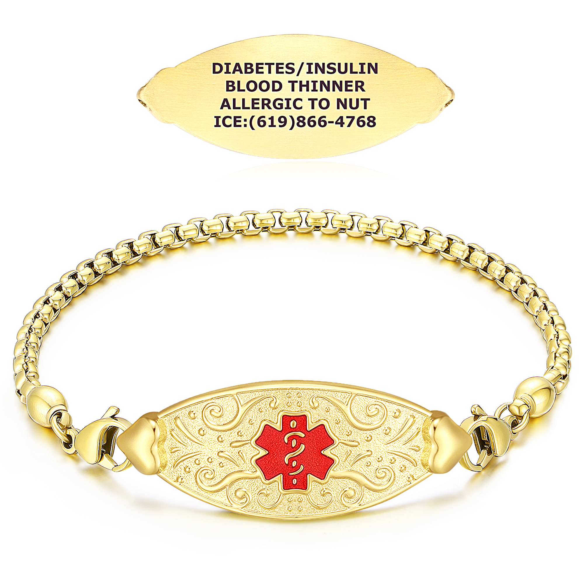A gold medical alert bracelet with a central ornate oval ID plate featuring a red medical alert symbol. The engraved text includes "DIABETES/INSULIN," "BLOOD THINNER," "ALLERGIC TO NUT," and an emergency contact number. The bracelet has a shiny gold link chain and decorative heart-shaped connectors.