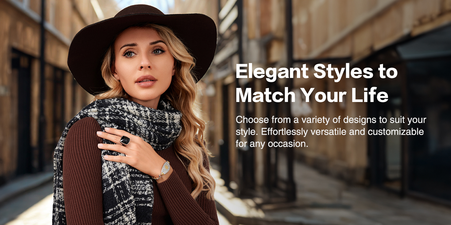 A stylish woman with blonde, wavy hair wears a dark brown wide-brimmed hat, a black and white patterned scarf, and a ribbed dark brown sweater. She accessorizes with a gold-toned bracelet featuring a charm on her left wrist and a ring with a square-cut black gemstone on her right hand. She gazes thoughtfully at the viewer against a blurred urban background. On the right side of the image, white text reads: "Elegant Styles to Match Your Life. Choose from a variety of designs to suit your style. Effortlessly versatile and customizable for any occasion.