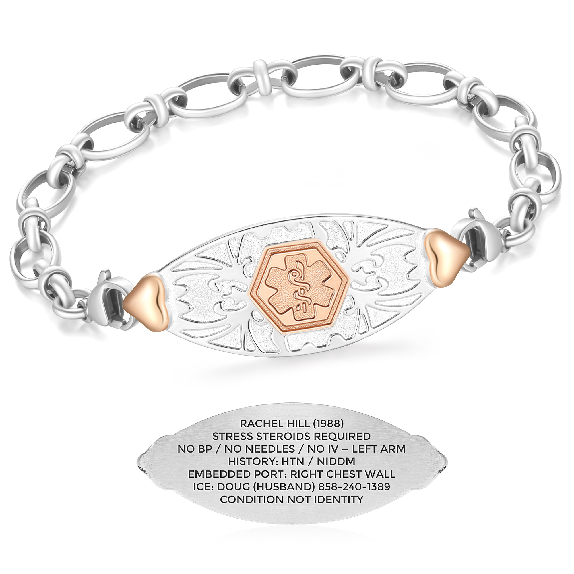 A silver-toned medical alert bracelet featuring an intricate chain with interlinked oval links and a central oval ID tag. The tag has a textured silver background with decorative patterns and a rose gold hexagonal medical symbol in the center. Rose gold heart accents are positioned on either side of the tag. Above the bracelet, a separate engraved ID tag is displayed, showing the text "DIABETES/INSULIN, BLOOD THINNER, ALLERGIC TO NUTS, ICE:(619)866-4768" in black uppercase letters. The bracelet is set against a clean white background.