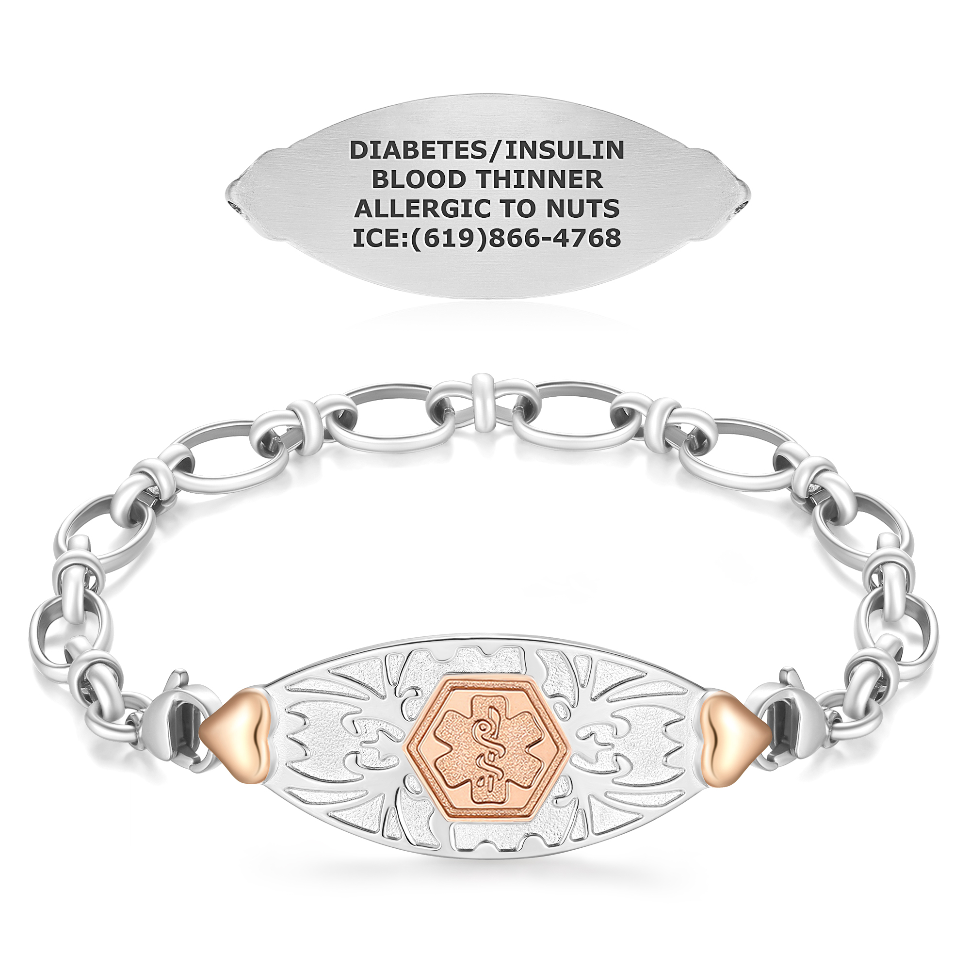 A silver-toned medical alert bracelet featuring an intricate chain with interlinked oval links and a central oval ID tag. The tag has a textured silver background with decorative patterns and a rose gold hexagonal medical symbol in the center. Rose gold heart accents are positioned on either side of the tag. Above the bracelet, a separate engraved ID tag is displayed, showing the text "DIABETES/INSULIN, BLOOD THINNER, ALLERGIC TO NUTS, ICE:(619)866-4768" in black uppercase letters. The bracelet is set against a clean white background.