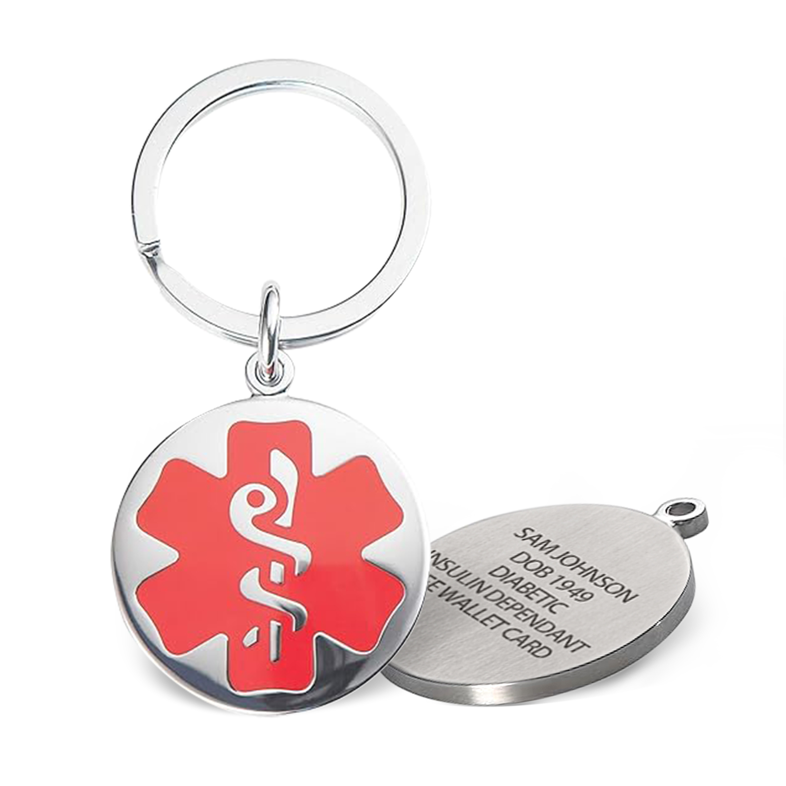 Medical alert keychain with a red Star of Life symbol on the front and engraved details on the back, including 'Sam Johnson,' diabetes, and eWallet card reference.