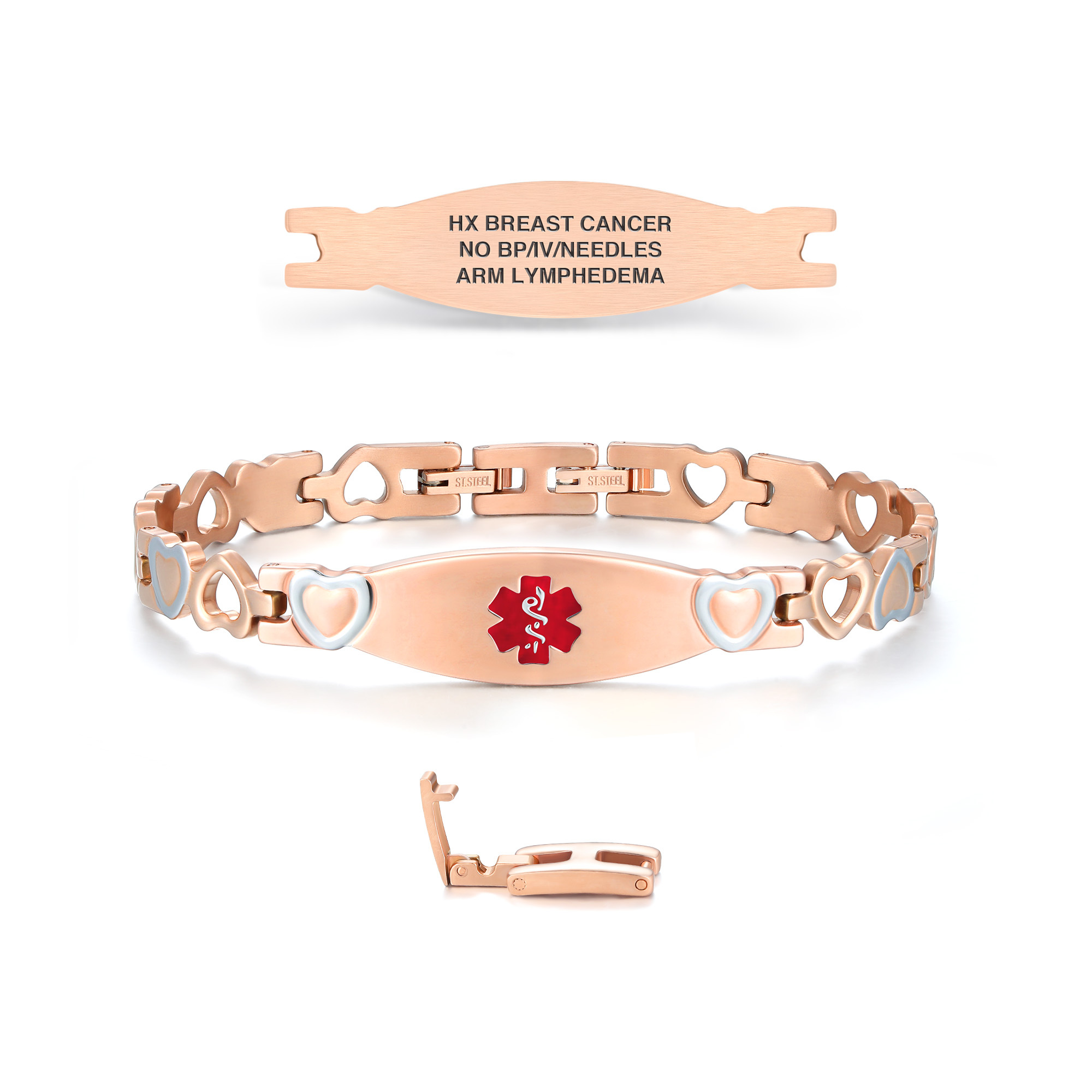 Image of a rose gold medical alert bracelet with heart-shaped links and a central rectangular plate. The plate features a red Star of Life symbol and engraved text: 'HX BREAST CANCER, NO BP/IV/NEEDLES, ARM LYMPHEDEMA.' The bracelet includes white enamel accents on some heart links and a lobster clasp mechanism. Additional views show the bracelet's clasp and the 'ST. STEEL' material marking.