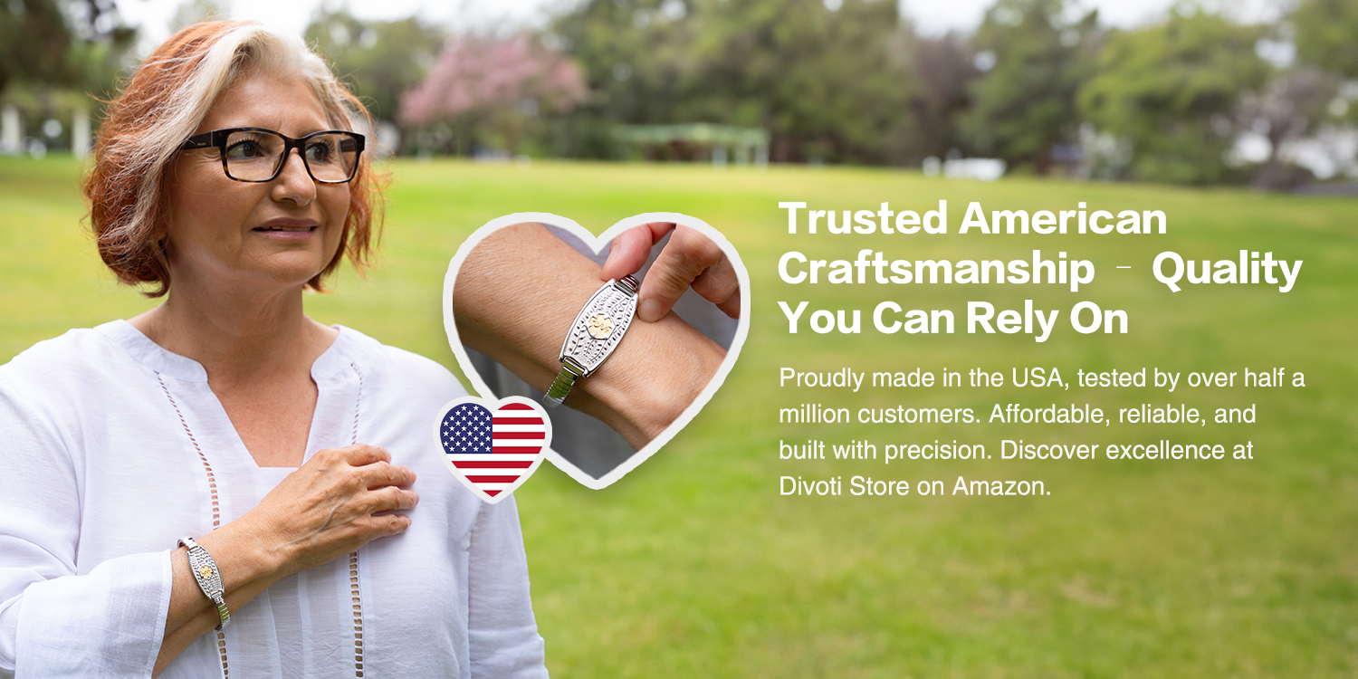 An older woman wearing a silver medical ID bracelet with a gold caduceus emblem, set against a blurred green outdoor background. A heart-shaped graphic highlights the bracelet, accompanied by text promoting "Trusted American Craftsmanship."
