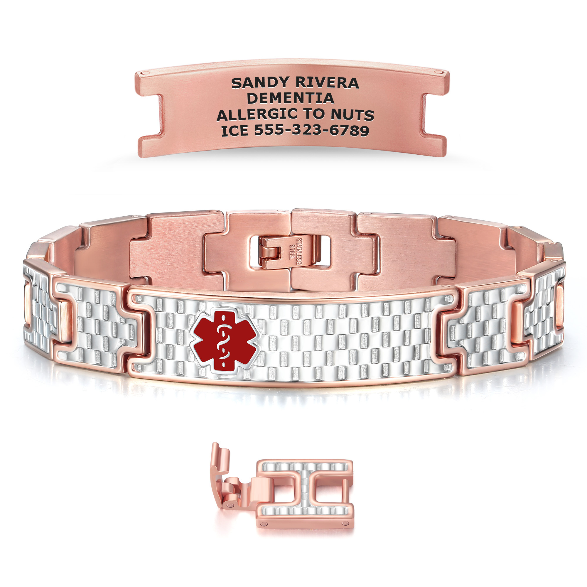 Rose gold and silver medical alert bracelet displayed on a white background, featuring three components. The top shows a curved, detachable rose gold ID tag engraved with 'SANDY RIVERA, DEMENTIA, ALLERGIC TO NUTS, ICE 555-323-6789.' The center displays the bracelet with alternating rose gold and textured silver links, a red medical alert symbol on a silver link, and a clasp engraved with 'STAINLESS STEEL.' The bottom shows a single detached bracelet link with a rose gold and silver checkered design, highlighting its connecting mechanism. The design combines elegance with critical medical functionality.