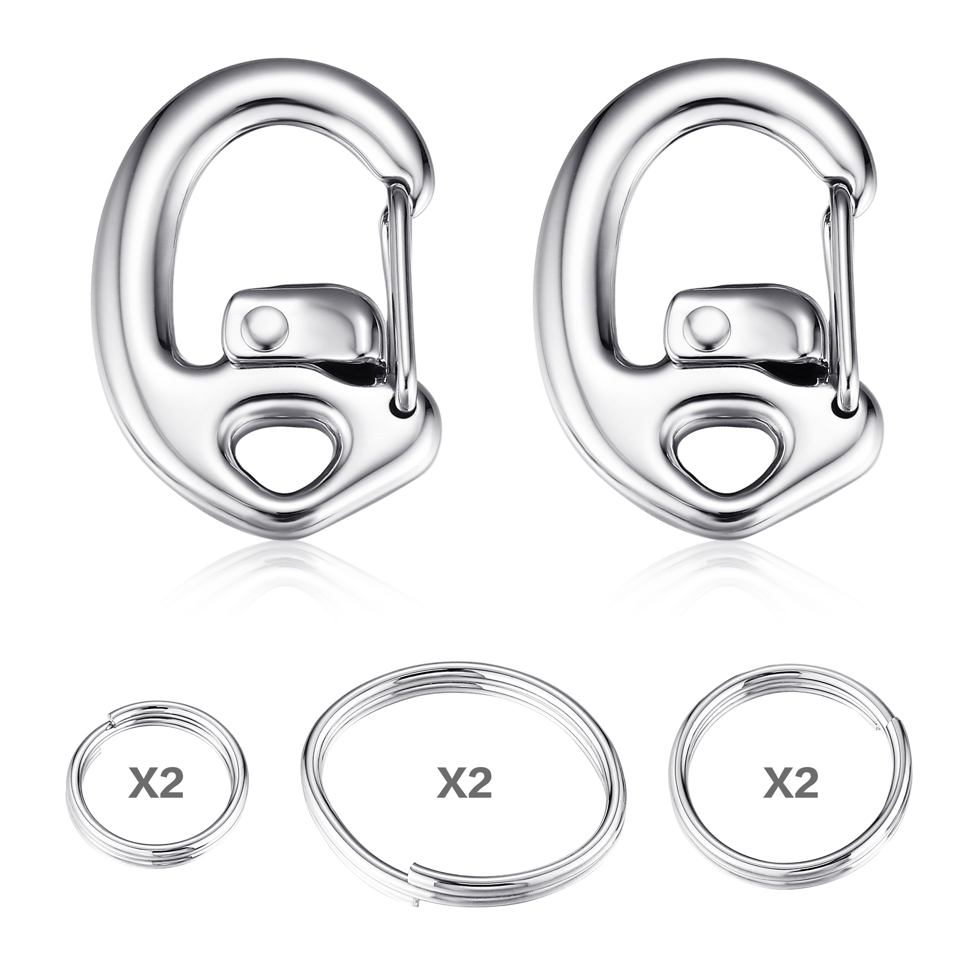 Set of two sleek silver carabiner keychains with three sizes of nested split key rings, displayed on a white background with reflective highlights.