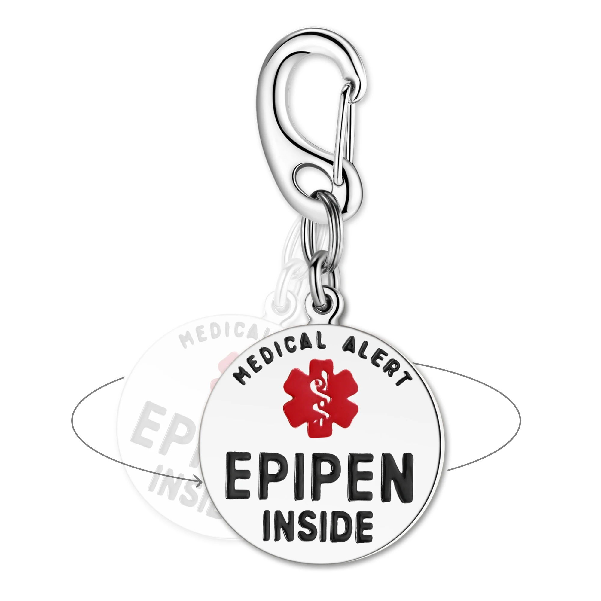 High-contrast silver medical alert tag featuring a red Star of Life symbol and bold black "EPIPEN INSIDE" text, shown with a swivel animation and heavy-duty lobster clasp.