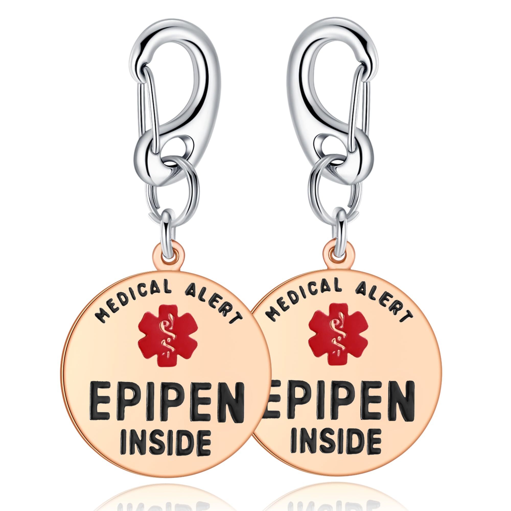 Set of two circular medical alert charms with 'MEDICAL ALERT EPIPEN INSIDE' engraved. Includes a Star of Life symbol and carabiner clips for easy attachment to bags or keychains.