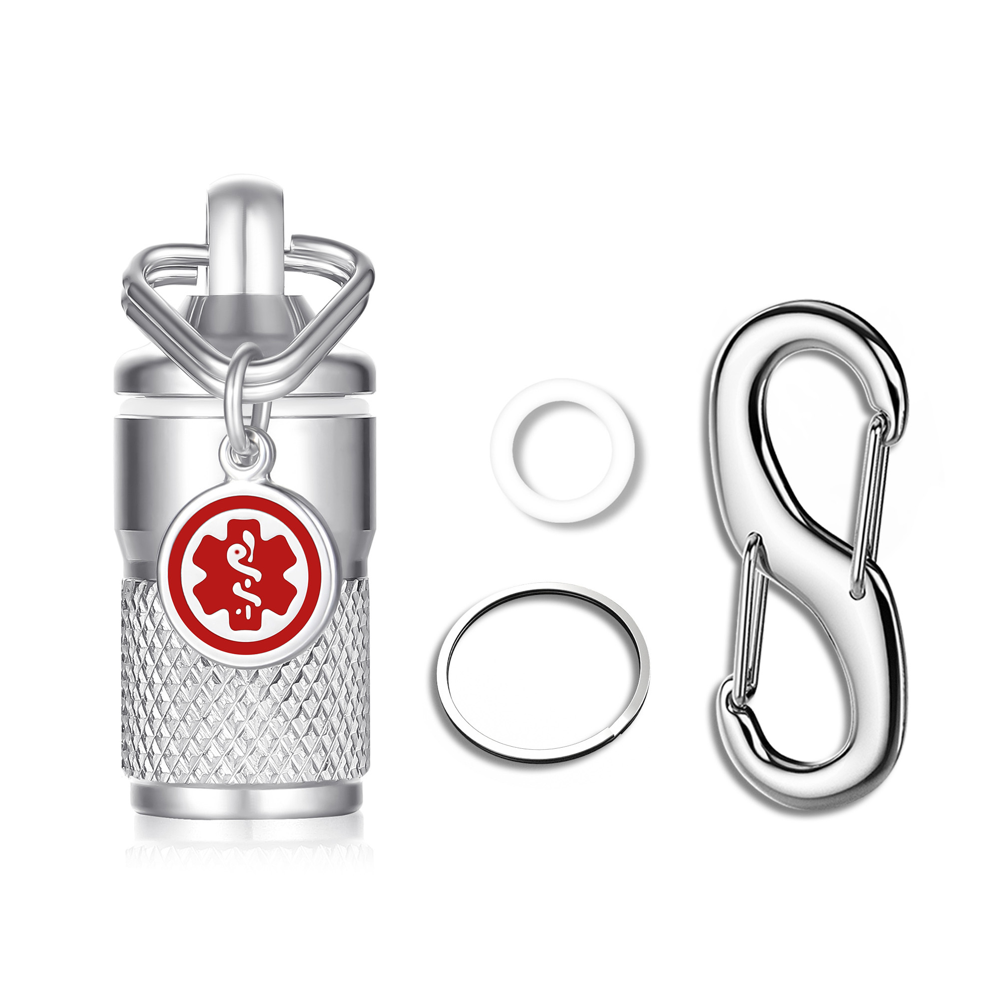 A silver medical alert pill fob with a polished cylindrical design, featuring a knurled grip section and a waterproof seal with a white O-ring. The fob includes a red circular charm with a white Star of Life medical symbol, attached via a small split ring. Accompanying the fob are a white rubber O-ring, a polished silver split key ring, and a sleek S-shaped carabiner clip, all displayed against a clean white background.