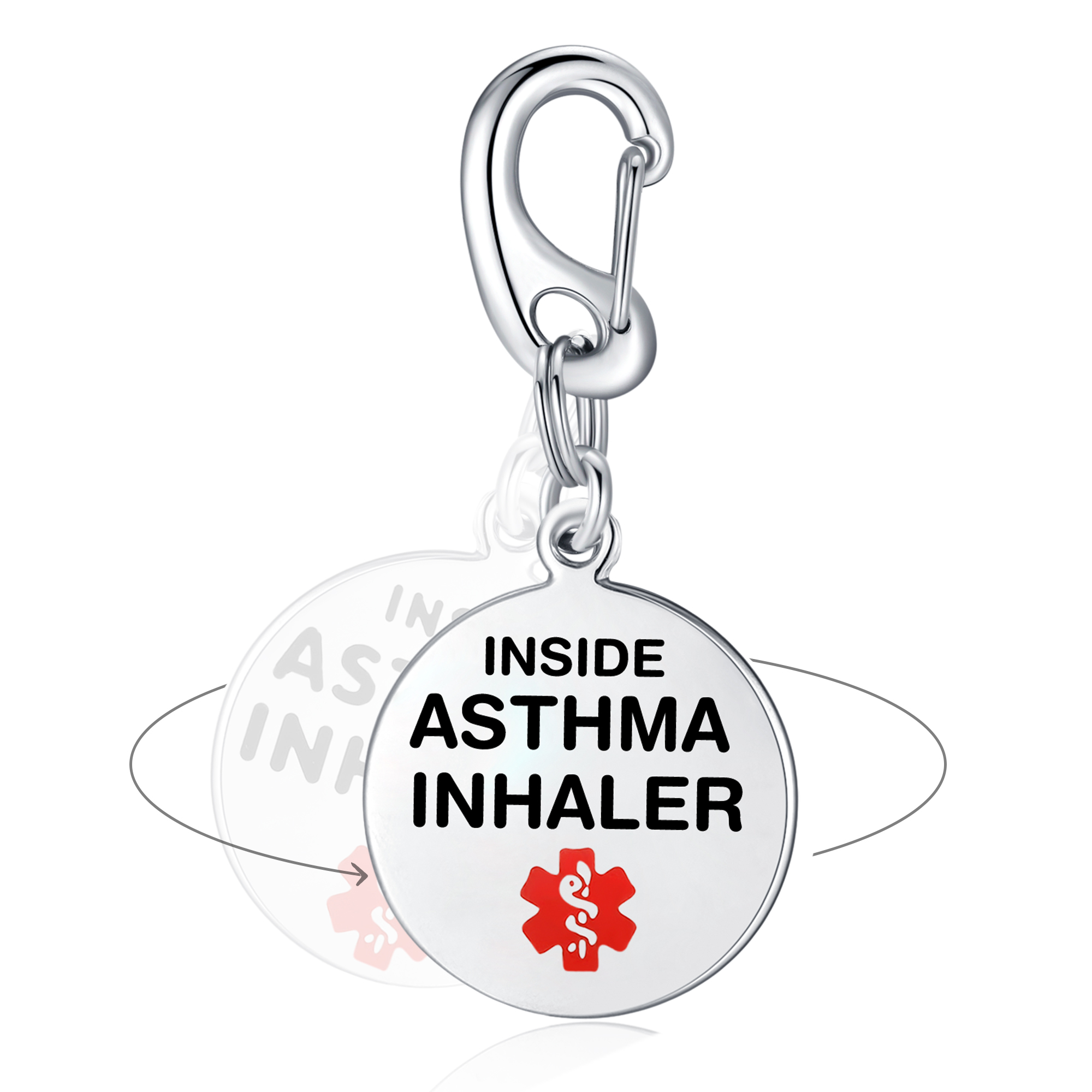 A polished silver circular medical alert charm featuring the text "INSIDE ASTHMA INHALER" in bold black uppercase letters on a matte white center. Below the text is a vibrant red medical alert symbol. The charm is attached to a shiny silver carabiner clasp via interlinked rings, with a subtle rotational effect and reflection displayed against a clean white background.