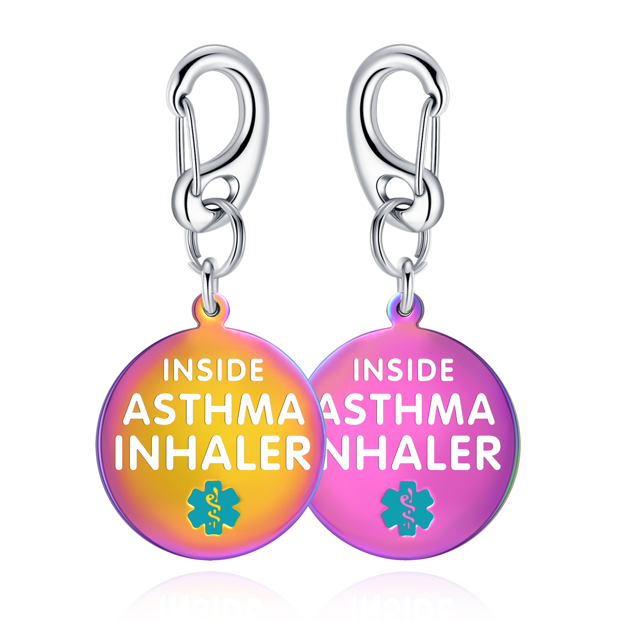 A polished silver medical alert keychain featuring a circular iridescent tag with vibrant pink, purple, orange, and yellow hues. The tag displays the text "INSIDE ASTHMA INHALER" in bold white uppercase letters, with a teal Star of Life medical symbol below. The tag is attached to a shiny silver carabiner clip via interlinked rings, all set against a clean white background.