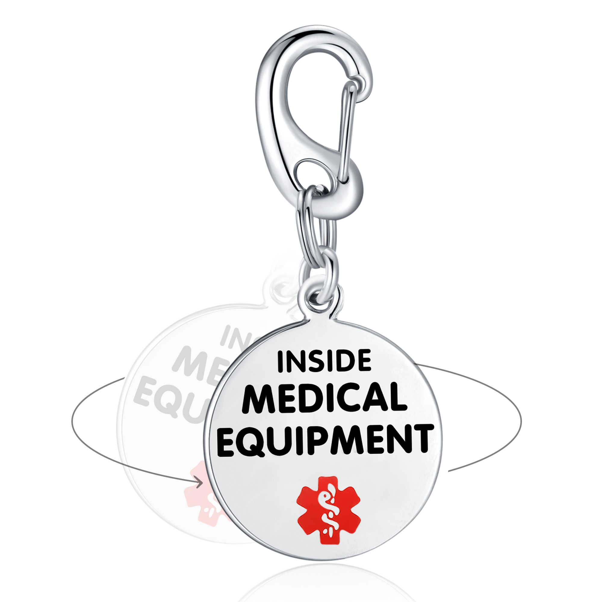  carabiner clip with a circular white charm reading 'Inside Medical Equipment' in bold black text, featuring a red Star of Life symbol and a rotating design for dual-sided functionality.