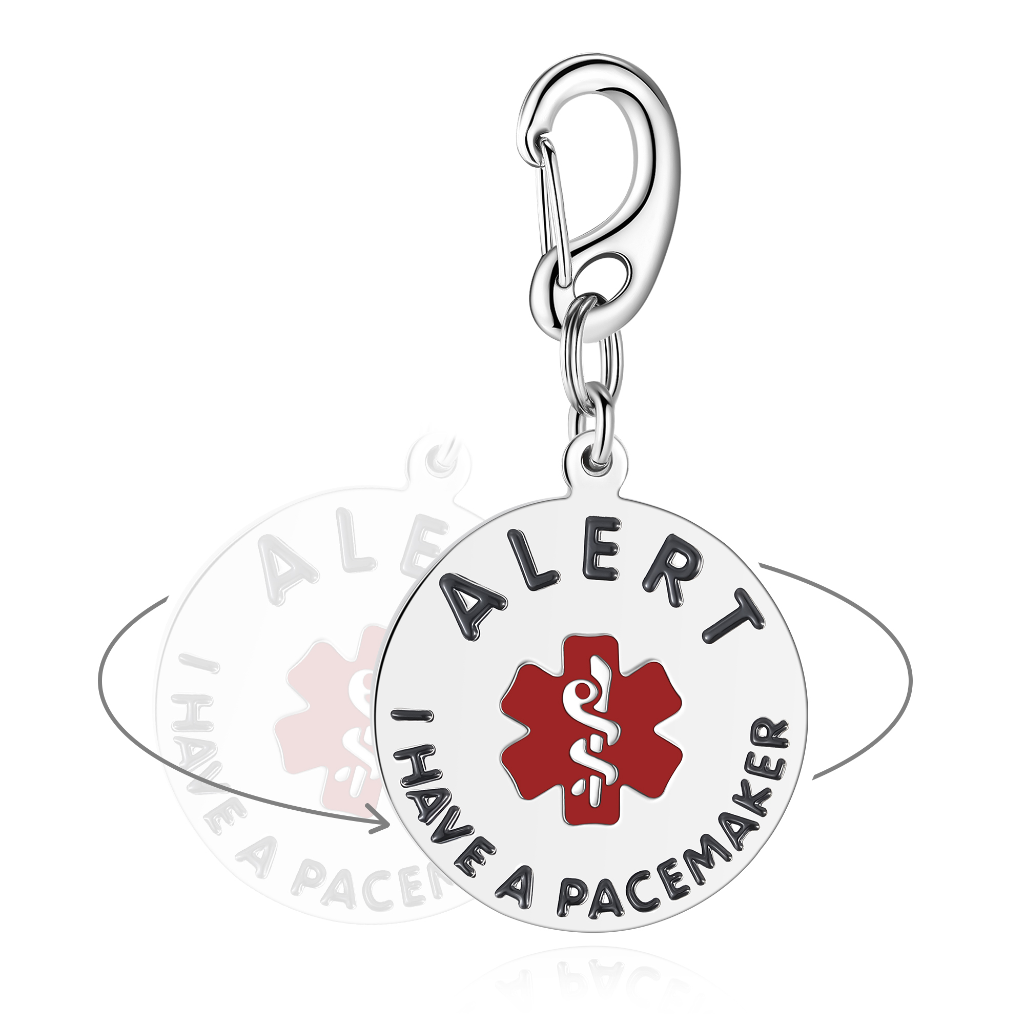 A silver medical alert keychain featuring a circular tag with a polished silver border and a white center. The tag displays the word "ALERT" in bold black letters curved along the top, a red Star of Life medical symbol in the center, and the phrase "I HAVE A PACEMAKER" in bold black letters curved along the bottom. The keychain includes a polished silver carabiner clip and a split key ring, all set against a clean white background. A faint, rotated version of the tag with directional arrows in the background suggests motion or a dynamic view.