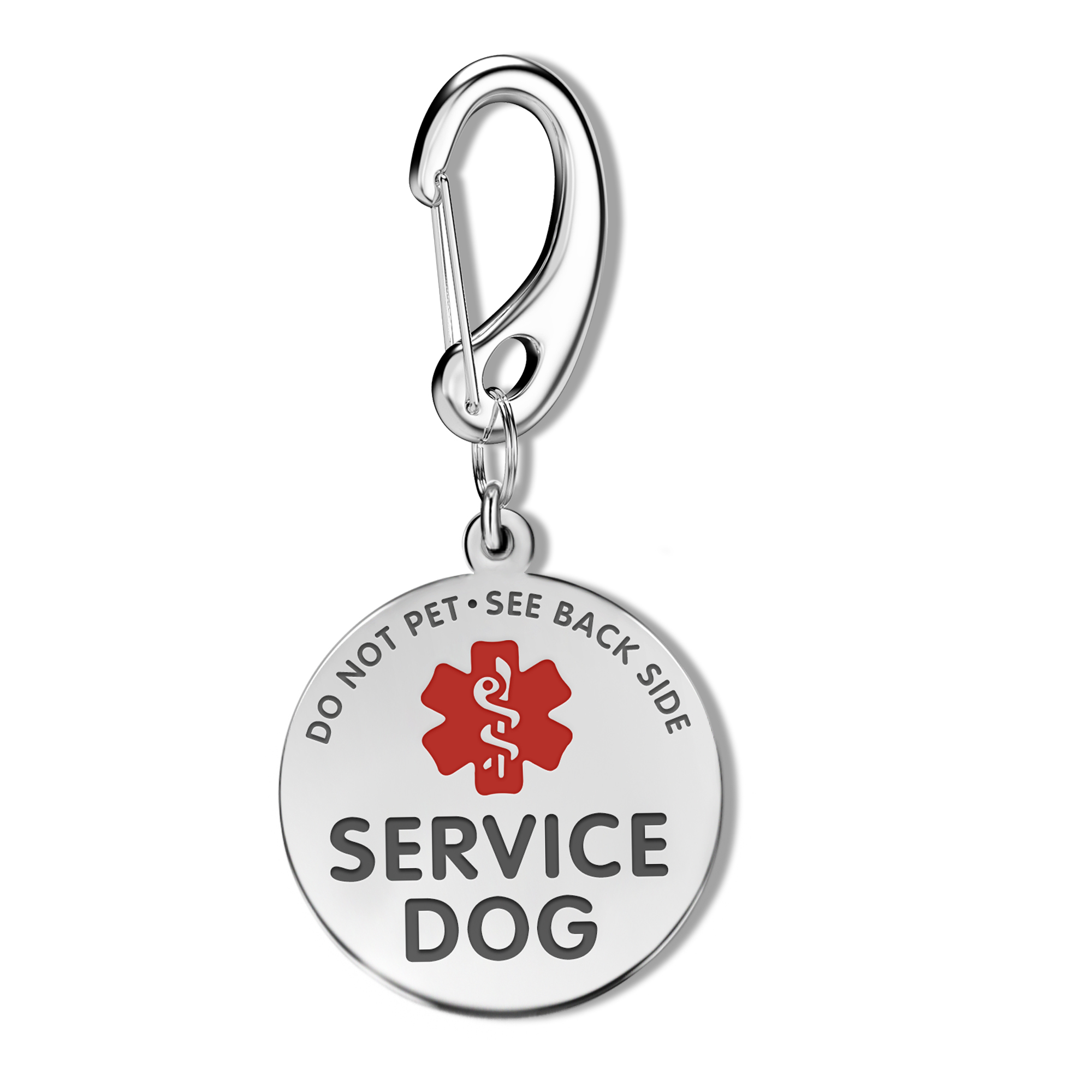 Polished silver circular service dog tag with 'DO NOT PET • SEE BACK SIDE' text, a red medical symbol, and 'SERVICE DOG' engraving, attached to a silver carabiner clip.