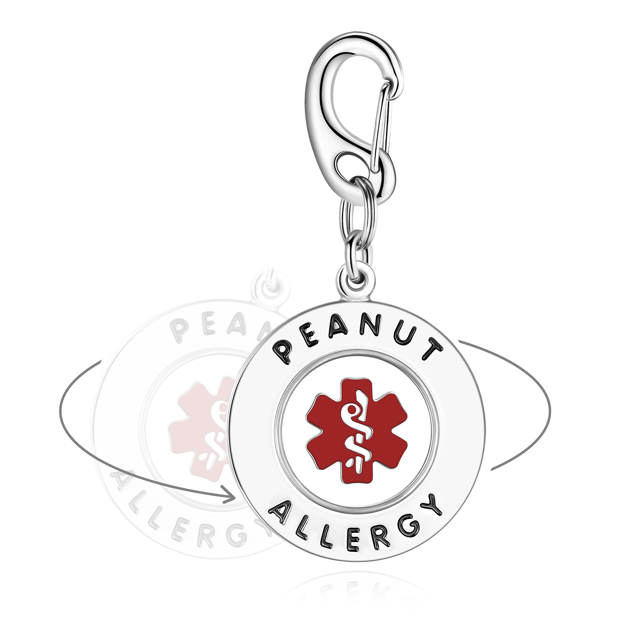 A polished silver circular medical alert charm featuring the text "PEANUT ALLERGY" in black uppercase letters along the top and bottom edges. The center of the charm displays a red Star of Life medical symbol with a white staff and serpent. The charm is attached to a shiny silver carabiner clip via interlinked jump rings. The image includes a subtle reflection and rotational arrows, suggesting the charm's ability to rotate, all set against a clean white background.