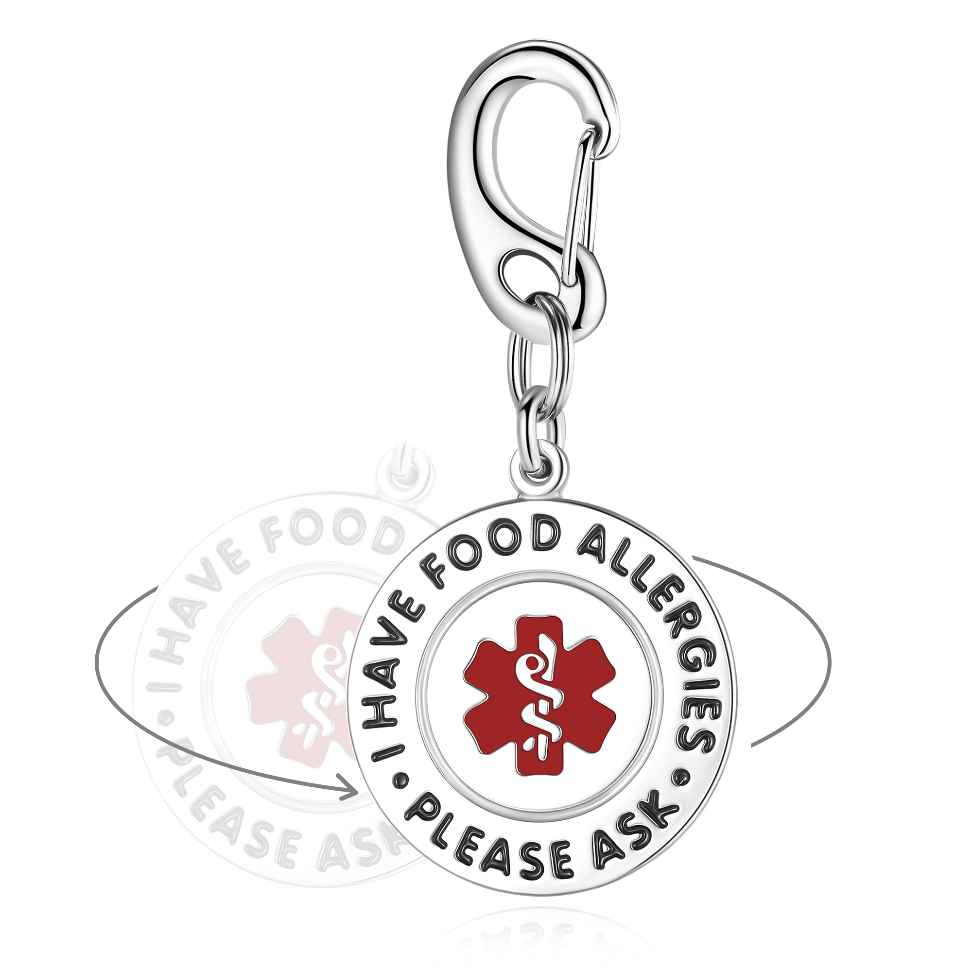 A polished silver circular medical alert charm featuring the text "I HAVE FOOD ALLERGIES • PLEASE ASK •" in black uppercase letters encircling a red Star of Life medical symbol on a white background. The charm is attached to a shiny silver carabiner clip via interlinked jump rings. The image includes a faded duplicate of the charm with curved arrows, suggesting a rotatable or double-sided design, all displayed against a clean white background.
