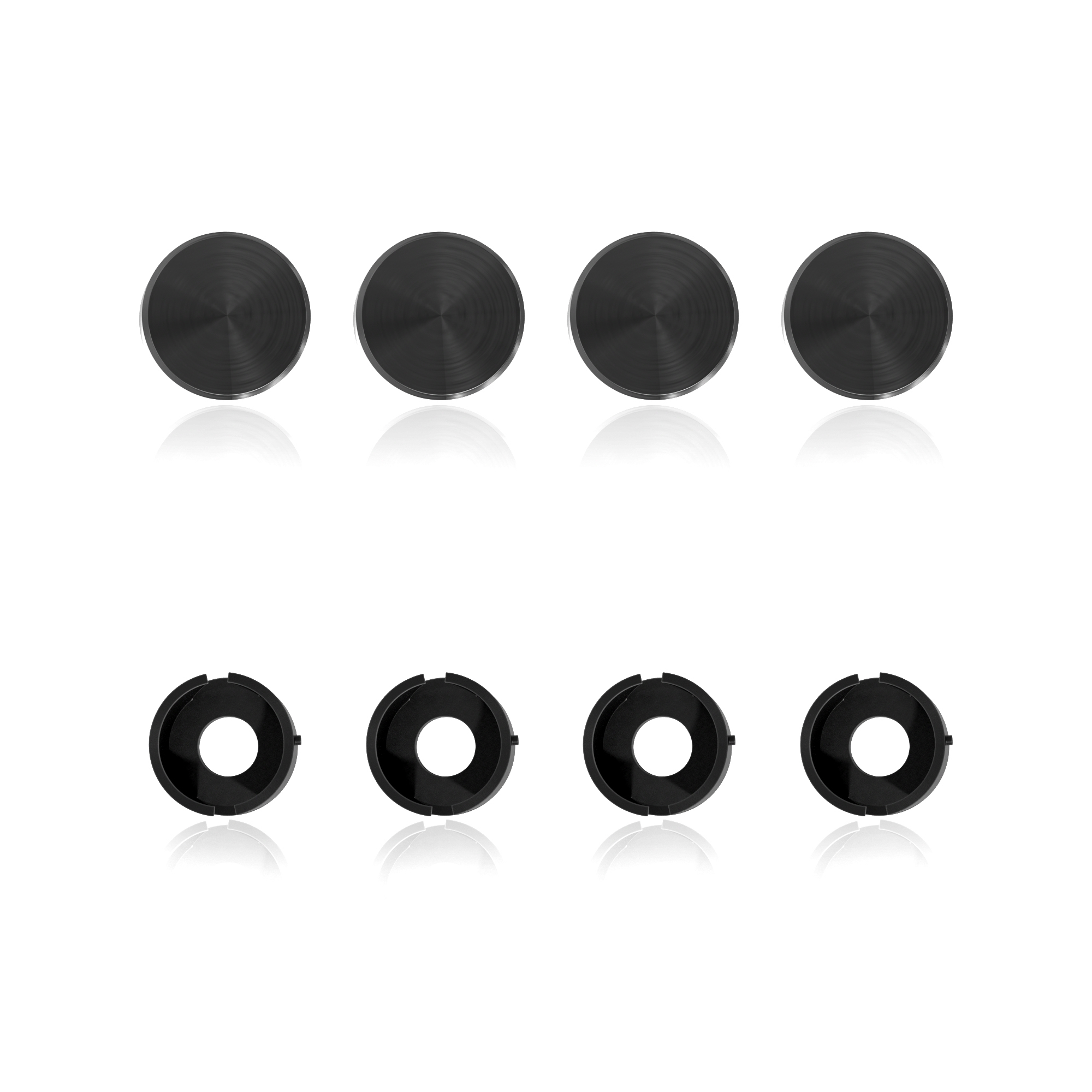 Set of eight black circular caps with a metallic finish, featuring solid and ring-shaped designs, arranged in two rows on a white background.