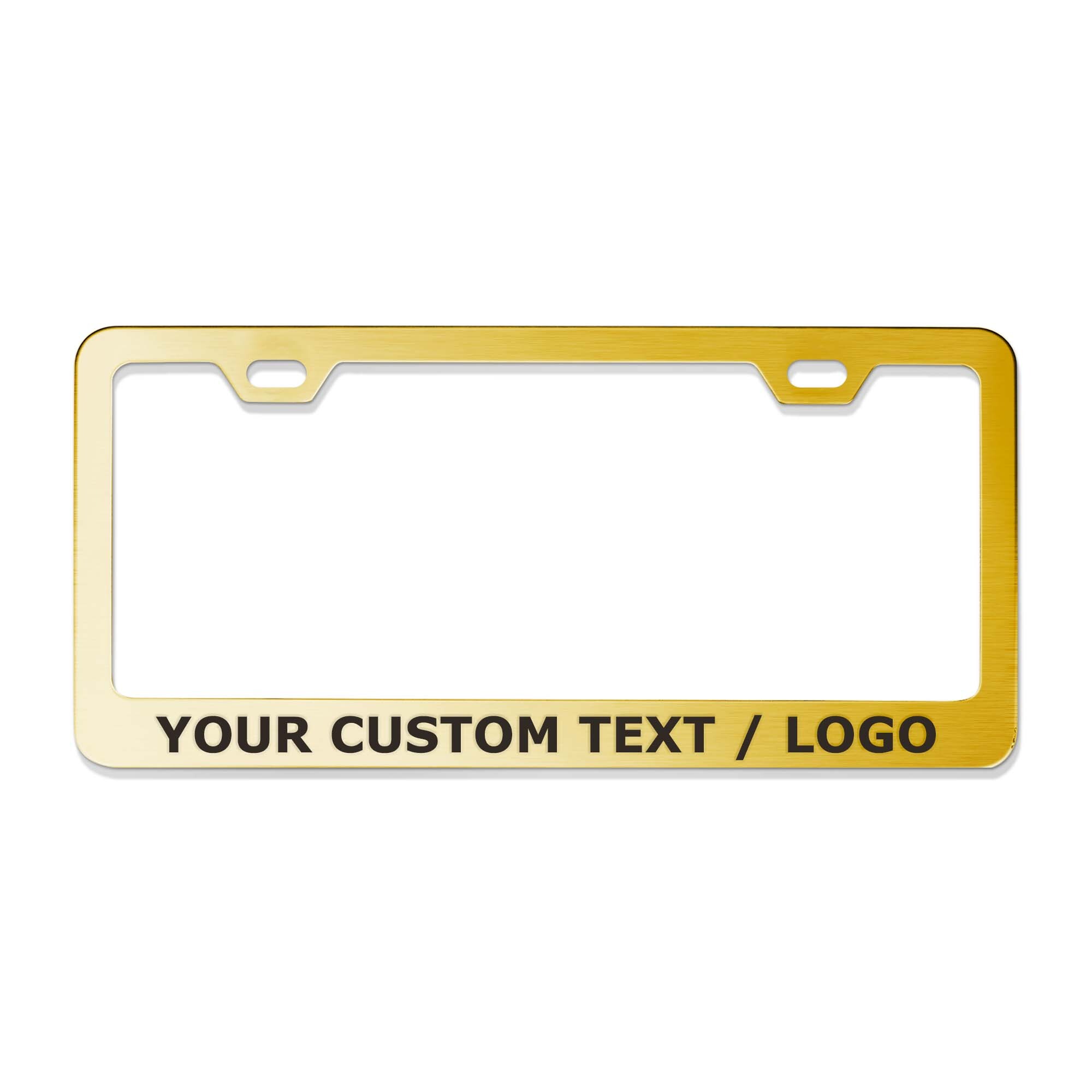 Golden brushed metallic license plate frame with space for custom text or logo, featuring a clean and elegant design with mounting cutouts.