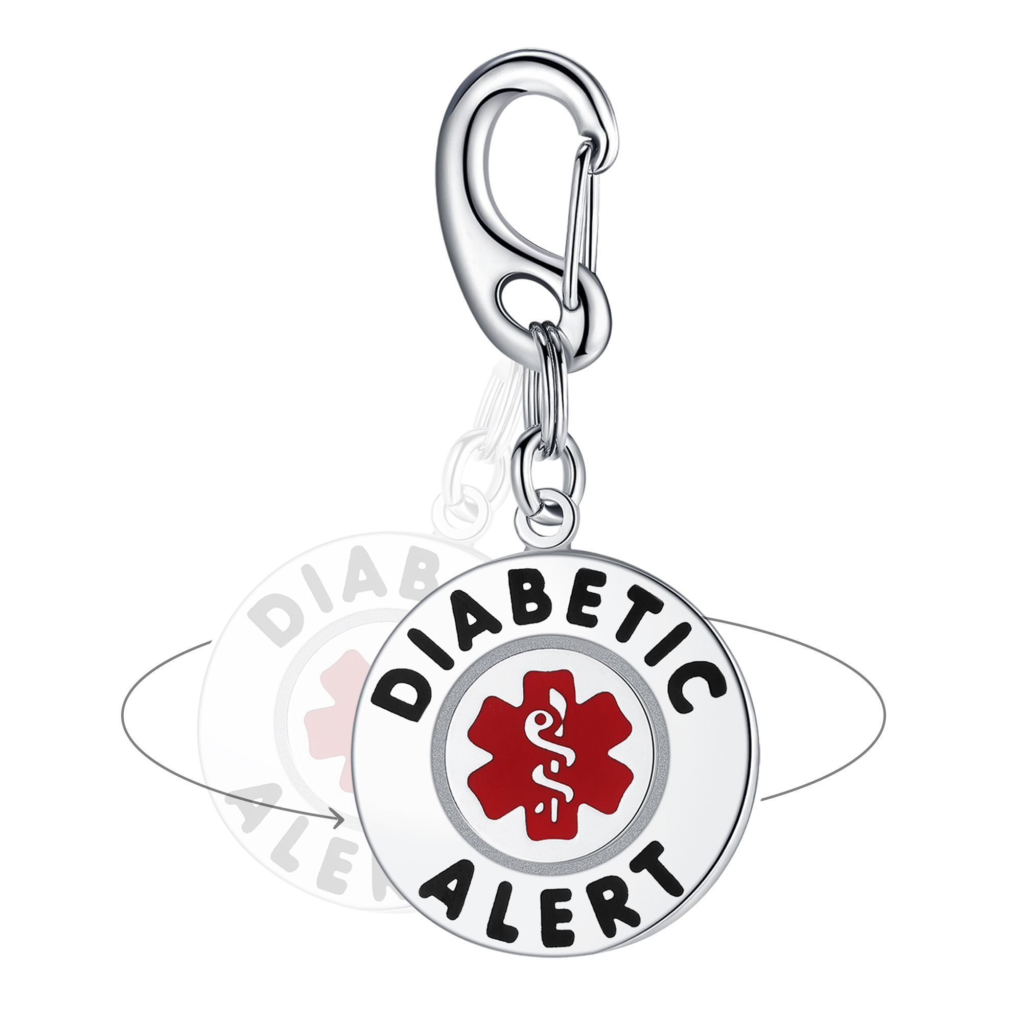 A polished silver medical alert charm featuring a circular pendant with a white face. The pendant displays "DIABETIC" curved along the top and "ALERT" curved along the bottom in bold black text. At the center is a red Star of Life medical symbol with a white Rod of Asclepius. The charm includes a silver carabiner clip at the top, connected to the pendant by two small silver rings. Faded graphics and arrows suggest the pendant can rotate, and the entire charm is presented against a clean white background.