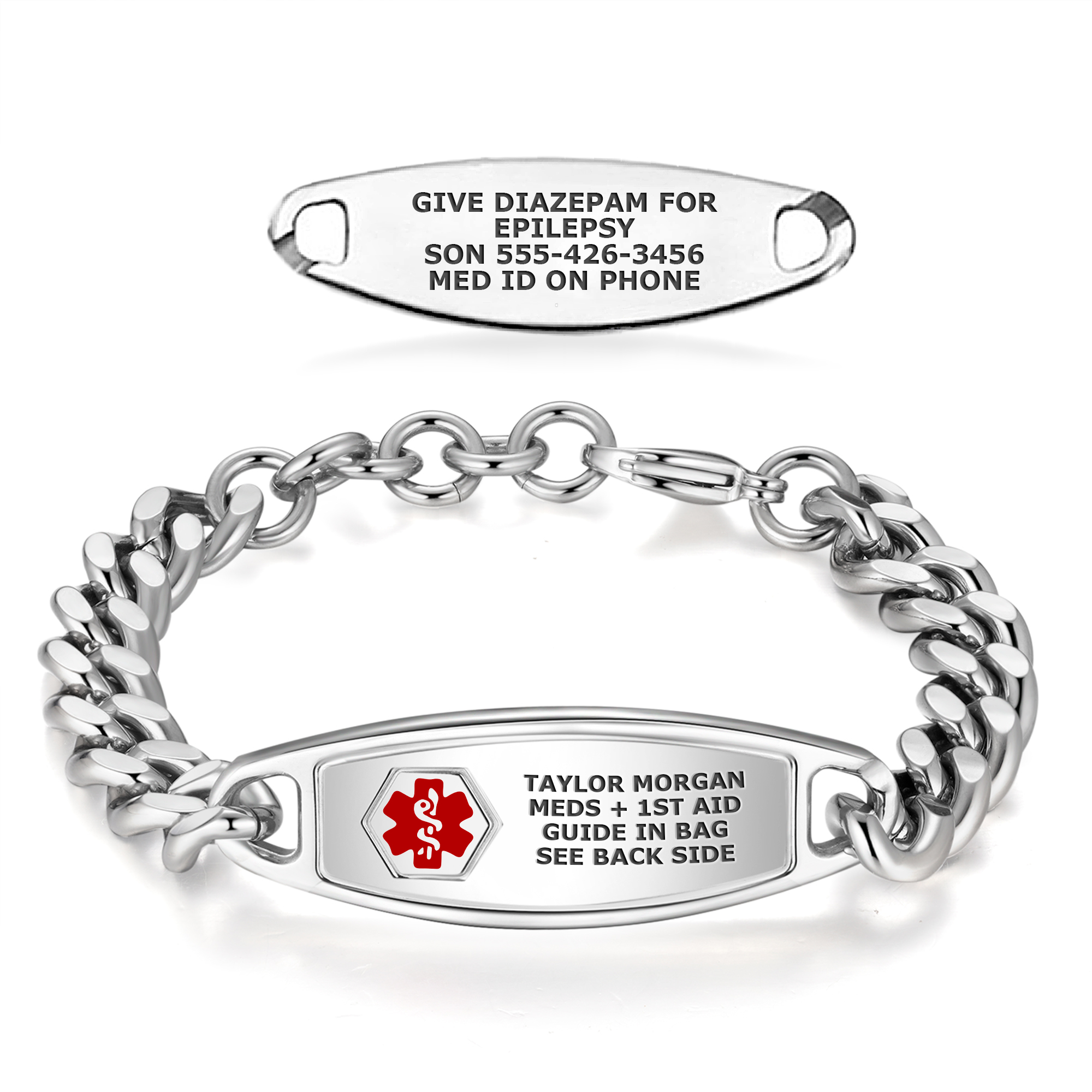 A silver medical alert identification tags are displayed against a white background. The top tag is oval-shaped with rounded ends and features engraved text that reads "Give Diazepam for Epilepsy," an emergency contact number, and a note to "See Back Side." Below it, a medical alert bracelet is shown with a rectangular ID plate attached to a polished silver curb chain. The ID plate includes a red medical alert symbol on the left and engraved text identifying the wearer as "Alexia Rivera," along with instructions to find "Meds + 1st Aid Guide in Bag" and "Med ID on Phone." The reflective surface of the tags and chain highlights their polished metallic finish.