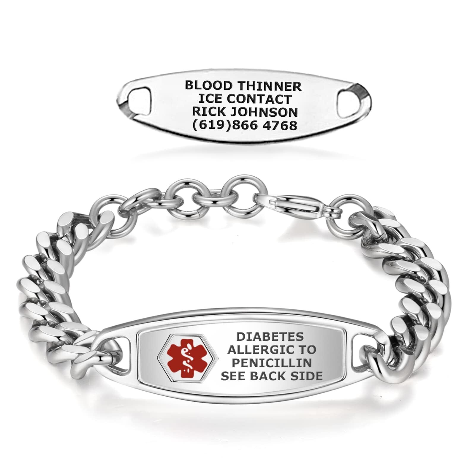 A black medical alert bracelet with a Cuban link chain design and two detachable tags. The tags display critical medical information, including "Blood Thinner," "Diabetes," and "Allergic to Penicillin," along with an emergency contact number.