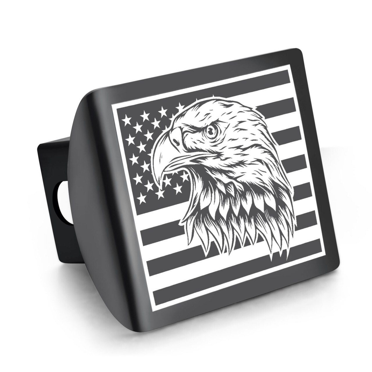 Black trailer hitch cover featuring a bold design of a bald eagle over a grayscale American flag, symbolizing patriotism and strength.