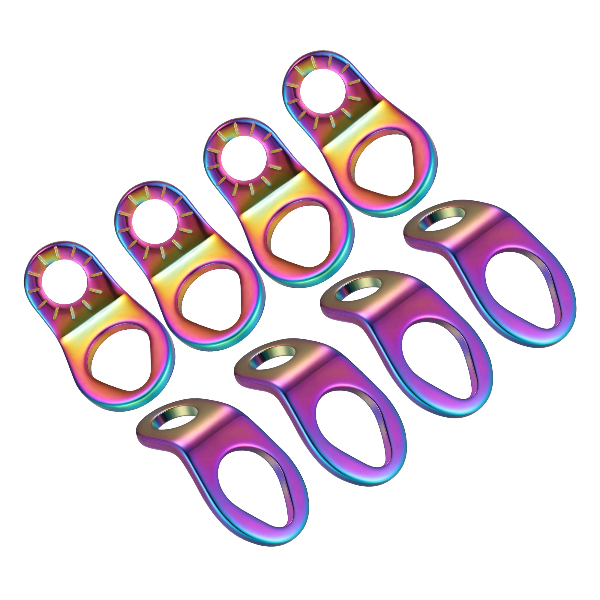 Set of nine iridescent teardrop-shaped fasteners with vibrant rainbow finishes, featuring circular and elongated openings, arranged diagonally on a white background.