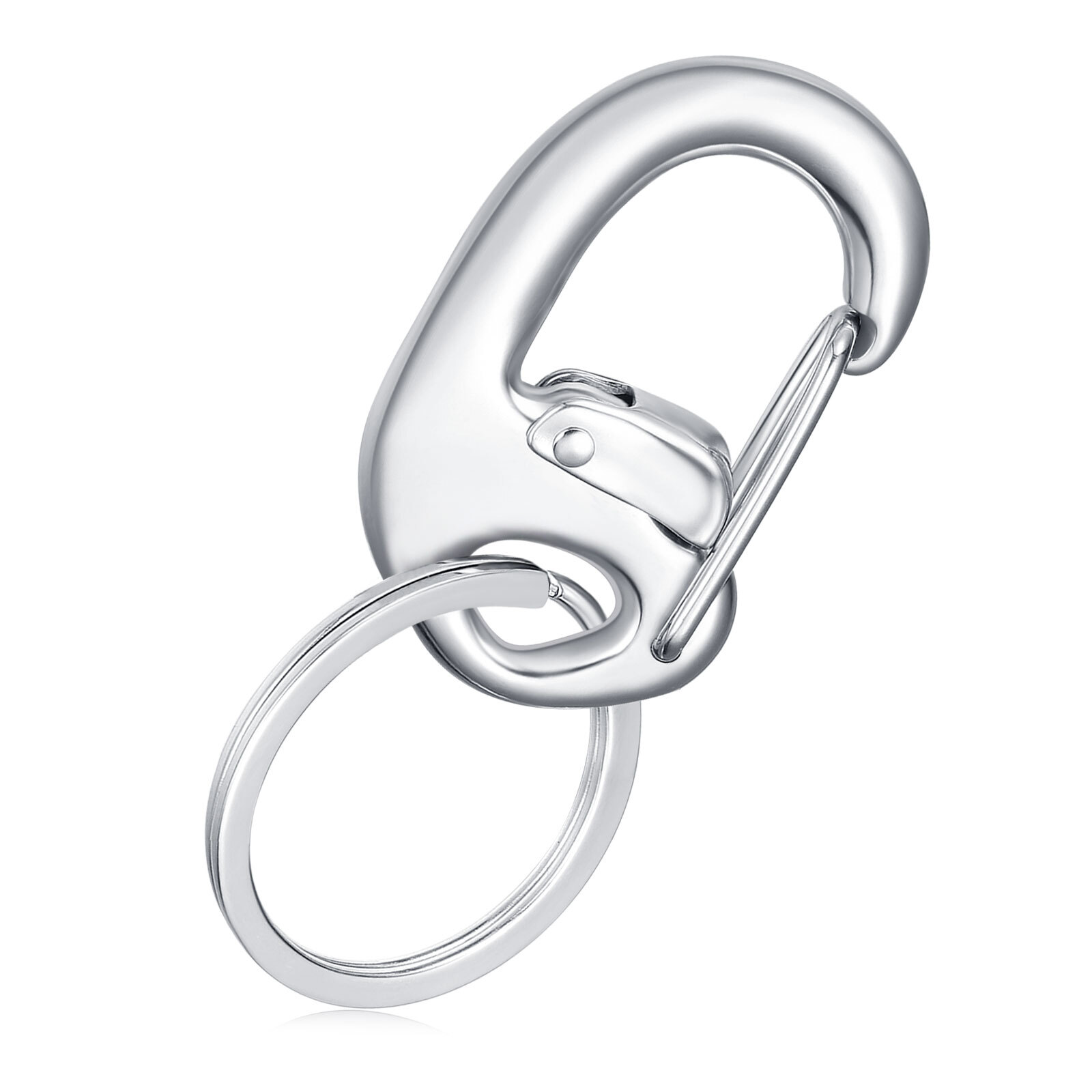 Silver metallic carabiner clip with a spring-loaded gate and attached key ring, featuring a polished finish, displayed on a white background.