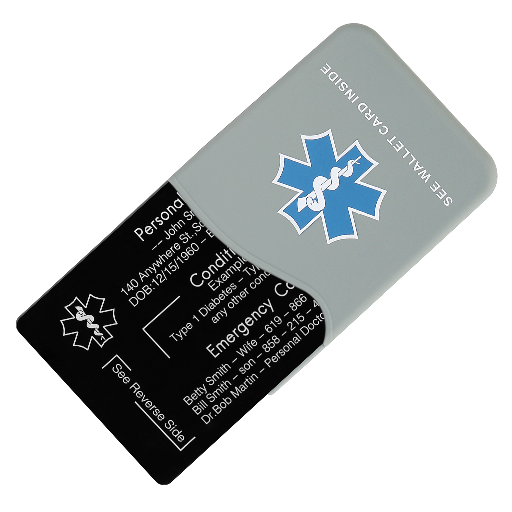 Black medical ID wallet card with engraved personal and medical details, partially inserted into a gray protective sleeve with a blue medical alert symbol.