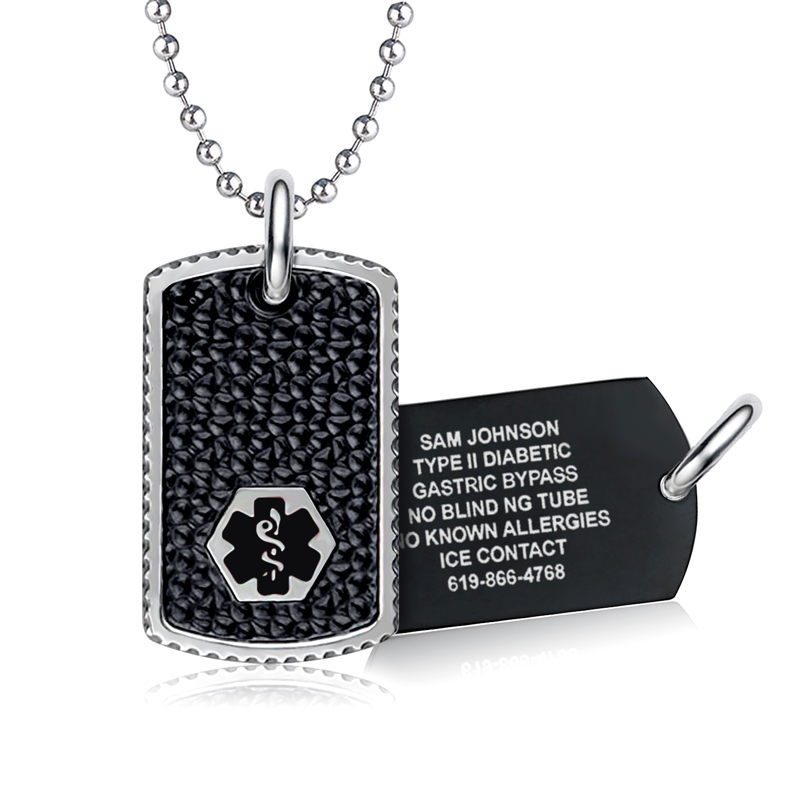 ball chain necklace with two dog tag pendants, one featuring a black textured inlay with a medical symbol and the other engraved with critical health details.