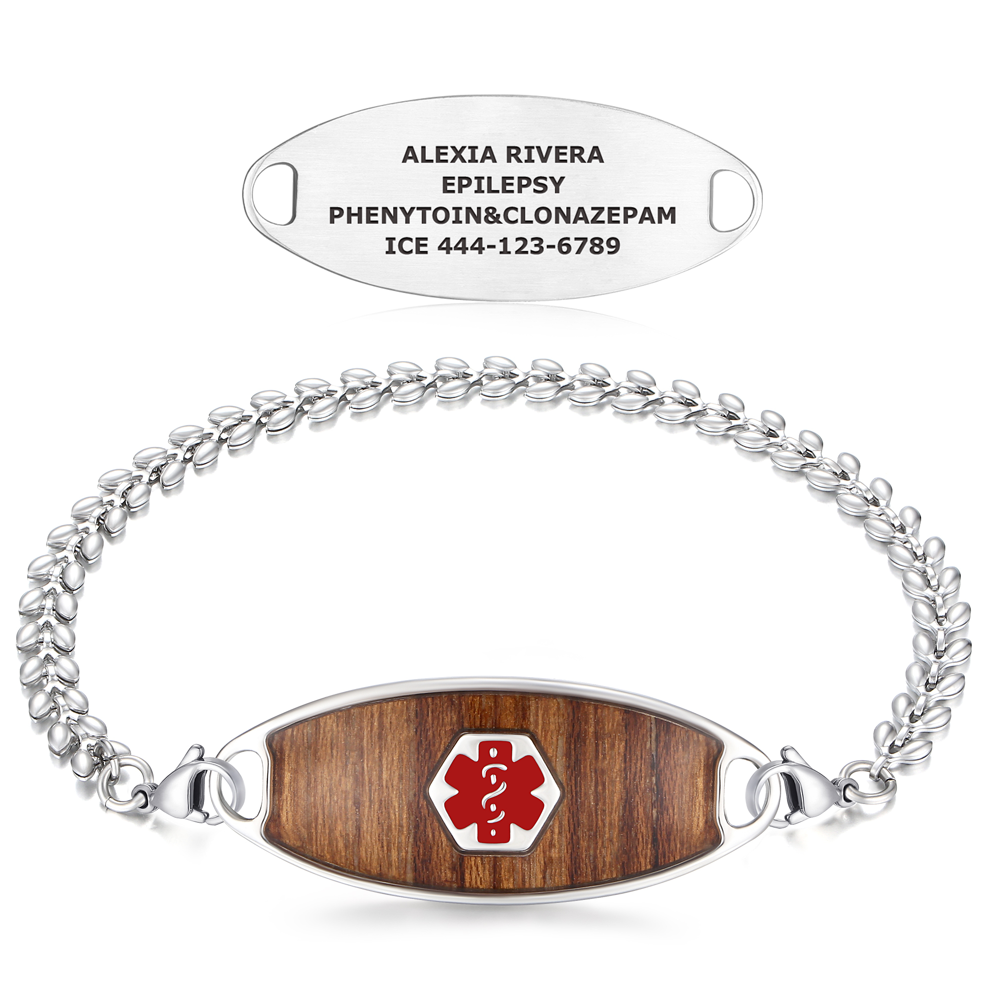 A silver medical alert bracelet with a decorative chain of polished, leaf-shaped links and a central ID plate featuring a wooden inlay. The plate displays a red and white Star of Life medical alert symbol. Above the bracelet, a separate silver medical ID tag is shown, engraved with the name "Alexia Rivera," the condition "Epilepsy," medications "Phenytoin & Clonazepam," and an emergency contact number "ICE 444-123-6789." Both items are set against a plain white background.