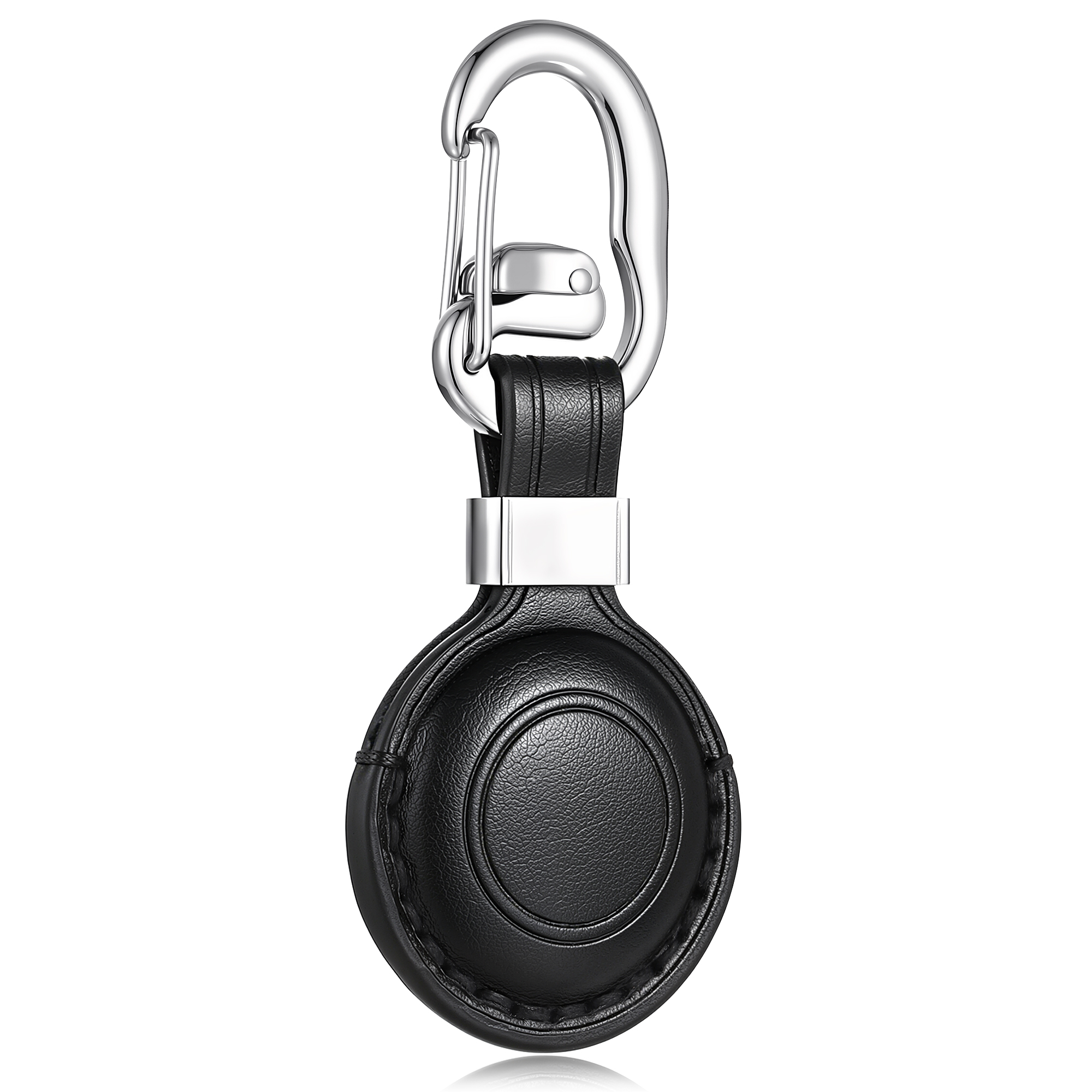 Premium black leather AirTag case keychain featuring a circular protective pouch with detailed stitching, a silver accent band, and a heavy-duty metallic quick-release carabiner clip against a white background.
