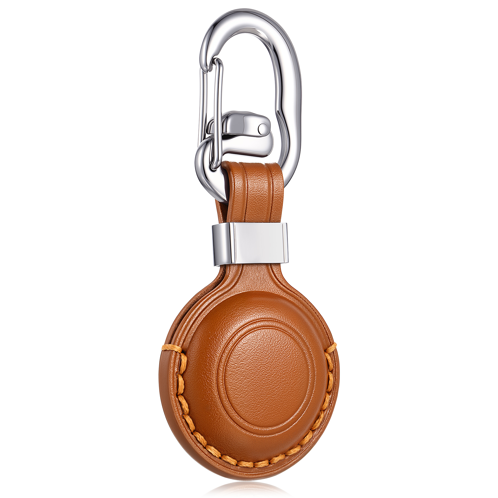 Premium brown faux leather AirTag holder keychain showing a secure round protective sleeve with contrast stitching, a polished silver accent band, and a durable metal carabiner clip.