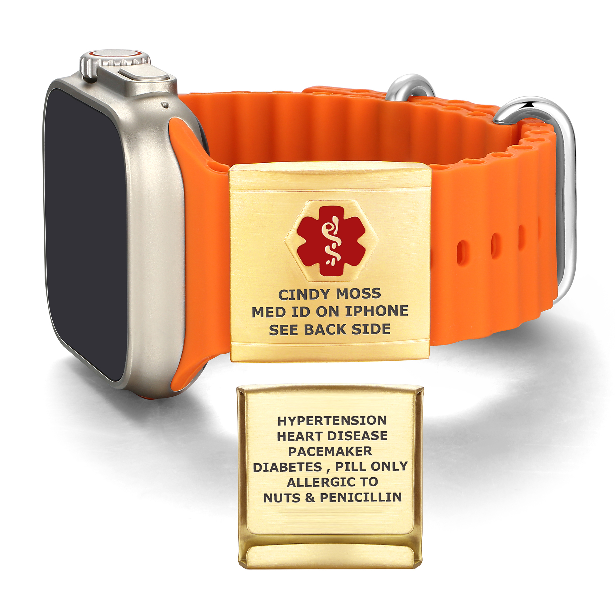 Smartwatch with an orange band and a gold medical alert ID plate engraved with emergency details, including allergies and health conditions like hypertension and diabetes.