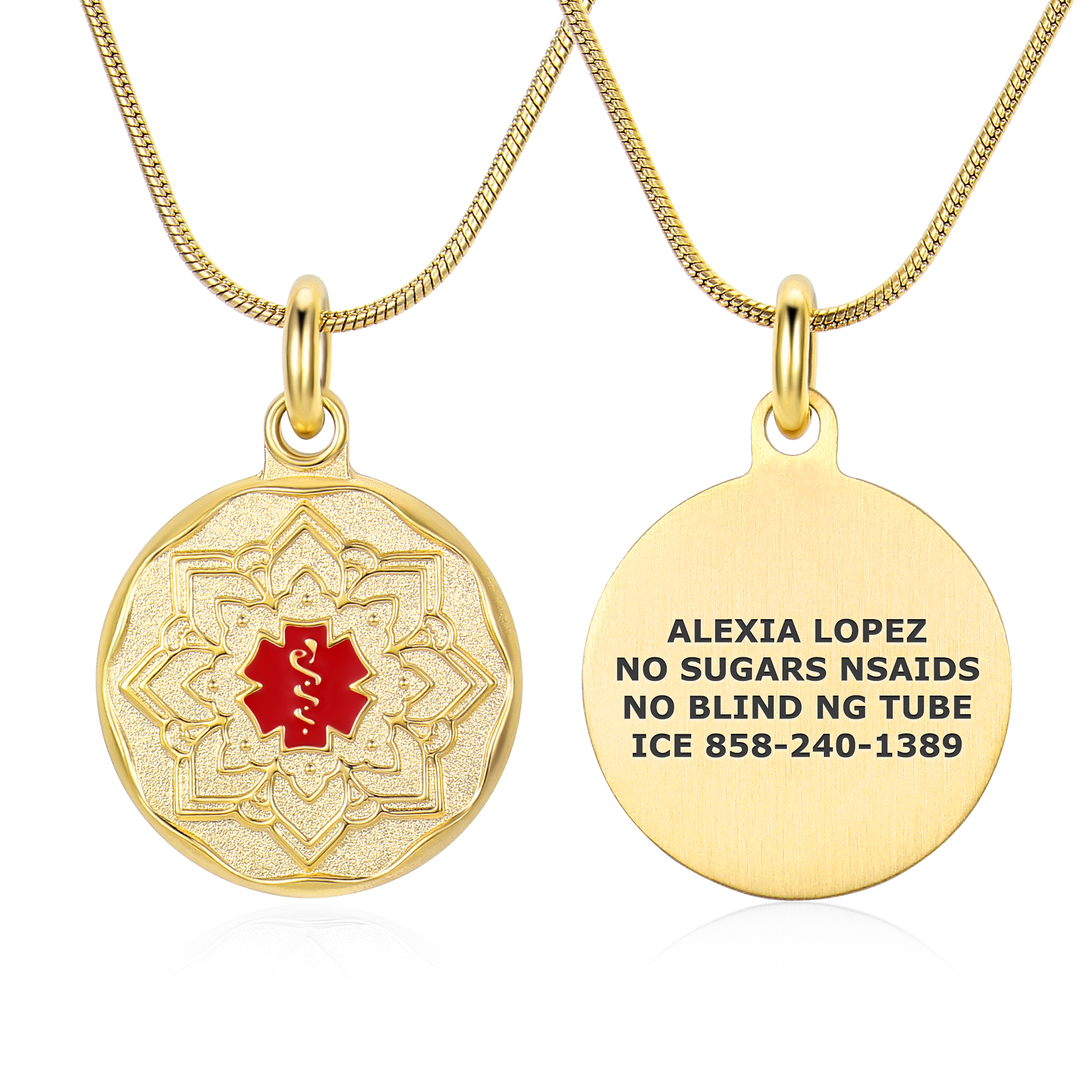 Gold medical alert necklace featuring a circular pendant with a red caduceus symbol on the front and engraved medical details on the back: 'Alexia Lopez, No Sugars, NSAIDs, No Blind NG Tube, ICE 858-240-1389.' The necklace includes a gold snake chain and is displayed on a white background.