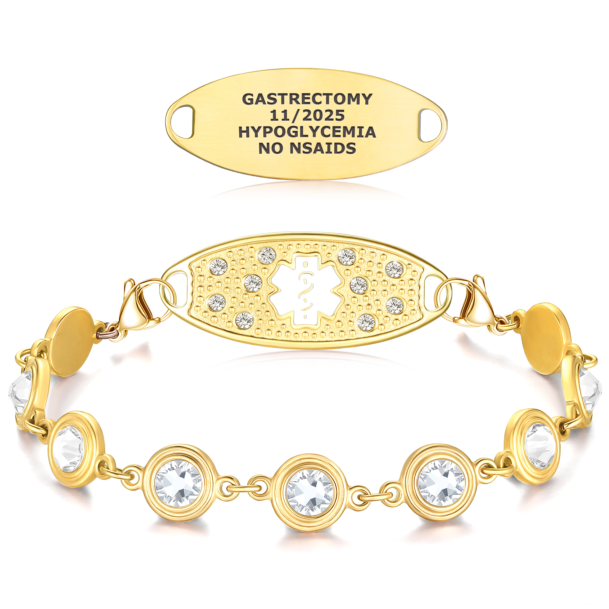 A gold-colored medical alert bracelet with a central oval ID plate featuring a white Rod of Asclepius symbol surrounded by rhinestones. The bracelet chain is adorned with clear rhinestones in circular gold settings. Above the bracelet, a separate gold medical alert tag is displayed, engraved with "GASTRECTOMY," "11/2025," "HYPOGLYCEMIA," and "NO NSAIDS." Both items are set against a white background.