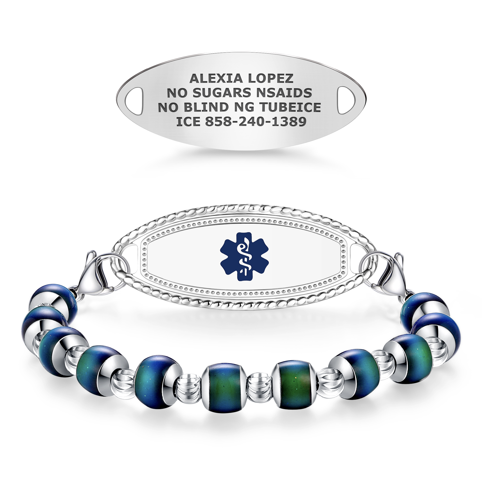 Medical alert bracelet featuring a silver oval ID tag engraved with medical details, a blue Star of Life symbol, and a beaded wristband with alternating silver and color-changing blue-green beads. The bracelet is displayed on a white background.