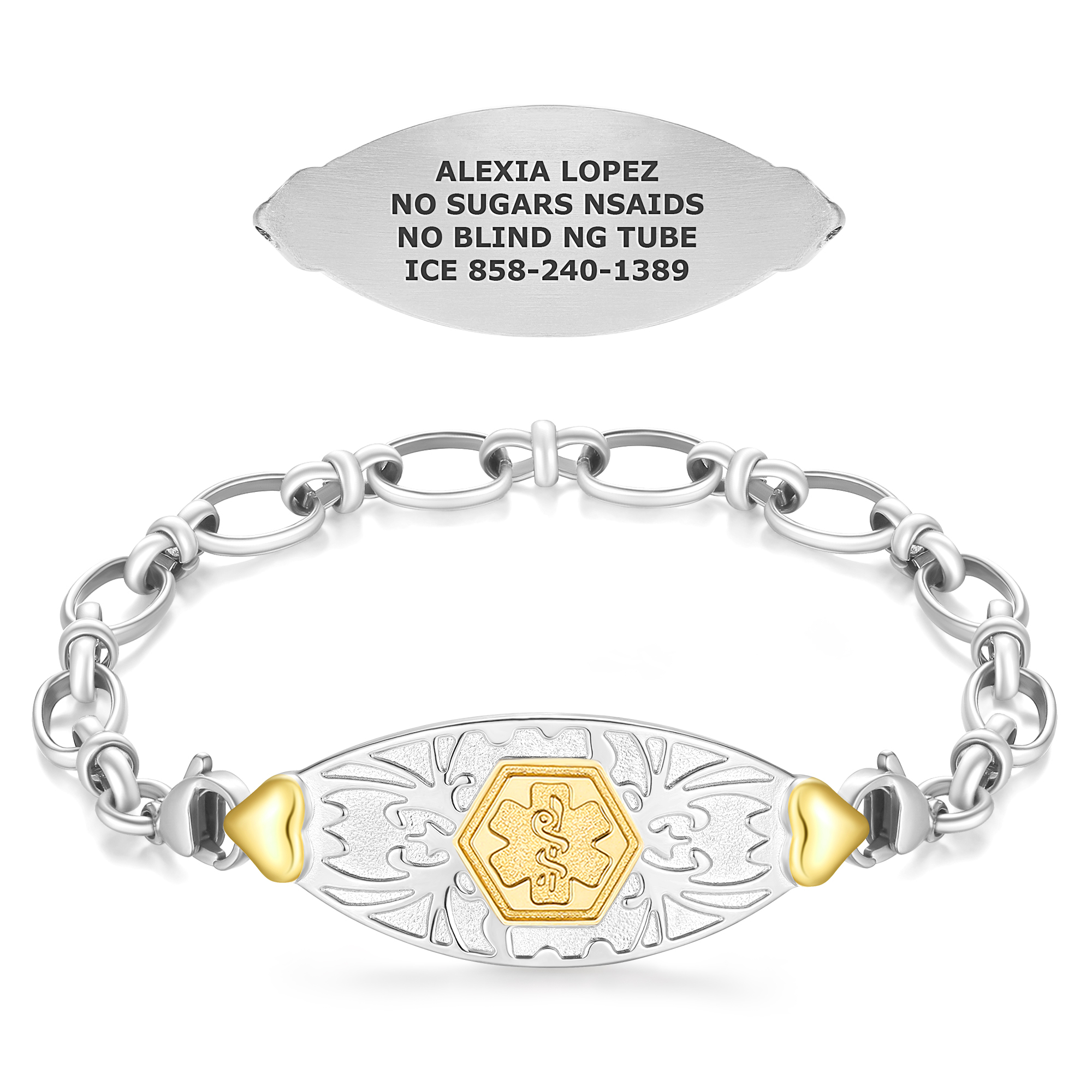 A silver and gold medical alert bracelet is displayed on a white background. The bracelet features a central, oval-shaped silver tag with intricate, symmetrical patterns and a gold hexagonal emblem in the center, showcasing the Rod of Asclepius medical symbol. On either side of the tag are small, glossy gold heart-shaped accents connected to a silver chain with interlocking oval links. Above the bracelet, a separate silver plate is engraved with medical information, including the name "ALEXIA LOPEZ," medical restrictions ("NO SUGARS, NSAIDS," "NO BLIND NG TUBE"), and an emergency contact number ("ICE 858-240-1389"). The design combines functionality with elegant decorative details.
