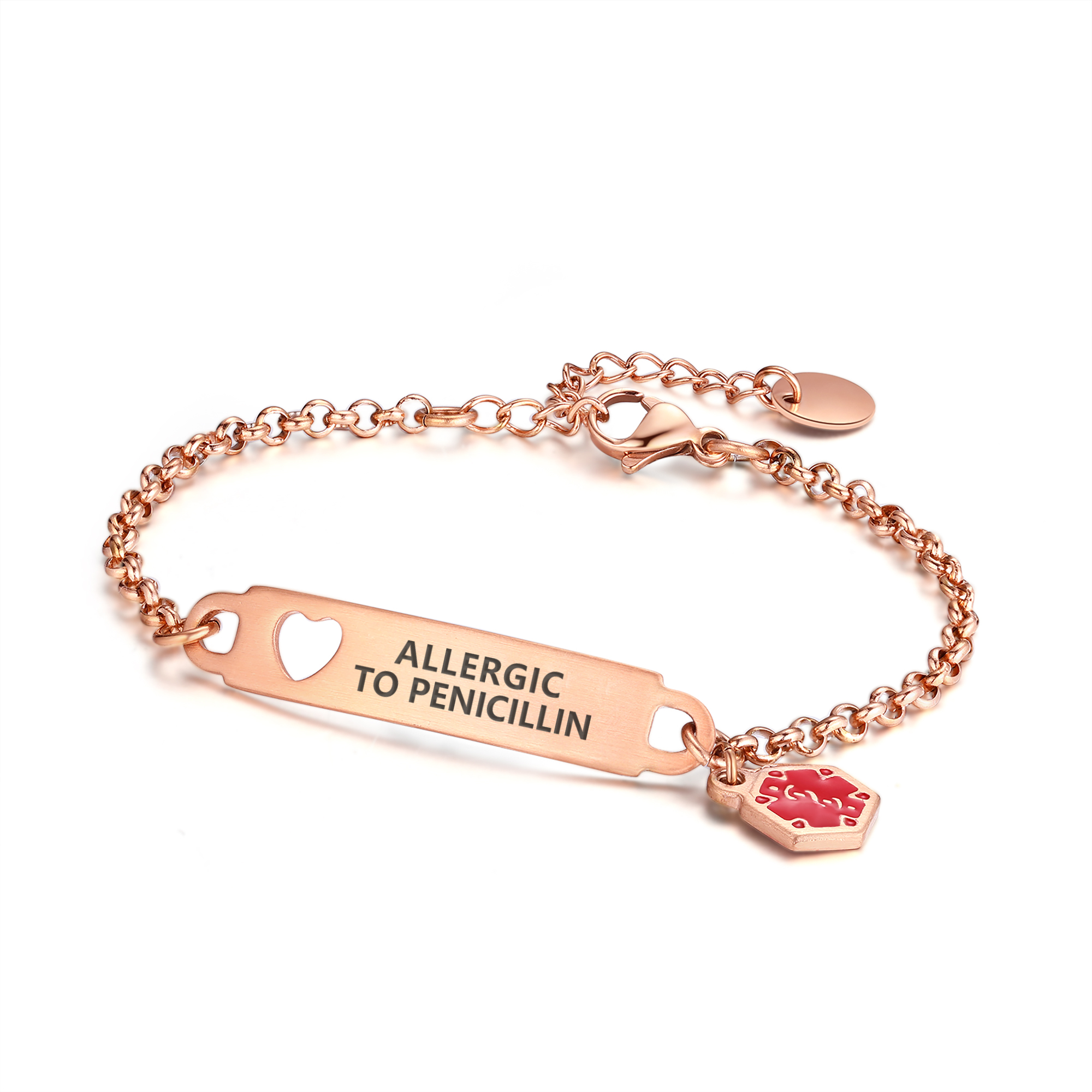 A rose gold medical alert bracelet featuring a rectangular ID tag engraved with "ALLERGIC TO PENICILLIN" in black uppercase text. The tag includes a heart-shaped cutout on the left and is connected to a delicate round-link chain. A red hexagonal medical alert charm with a rose gold medical symbol is attached to the right side of the tag. The bracelet also features a lobster clasp and an adjustable extension chain with a small oval charm, all displayed against a clean white background.
