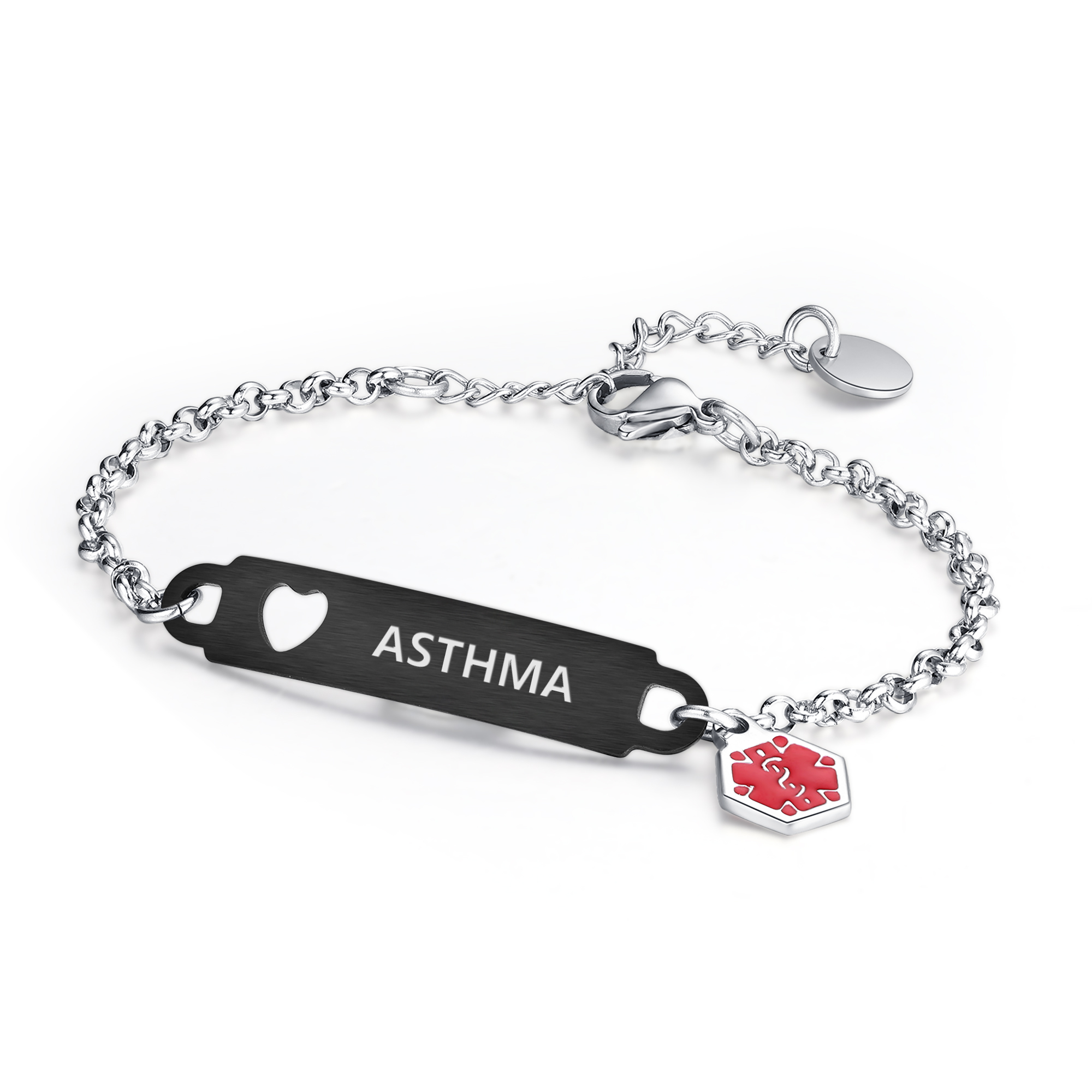 A silver medical alert bracelet featuring a black rectangular ID tag engraved with "ASTHMA" in white uppercase text. The tag includes a heart-shaped cutout on the left and is connected to a polished silver chain with oval links. A red hexagonal medical alert charm with a silver medical symbol is attached to the right side of the tag. The bracelet also features a lobster clasp and an adjustable extension chain with a small circular charm, all displayed against a clean white background.