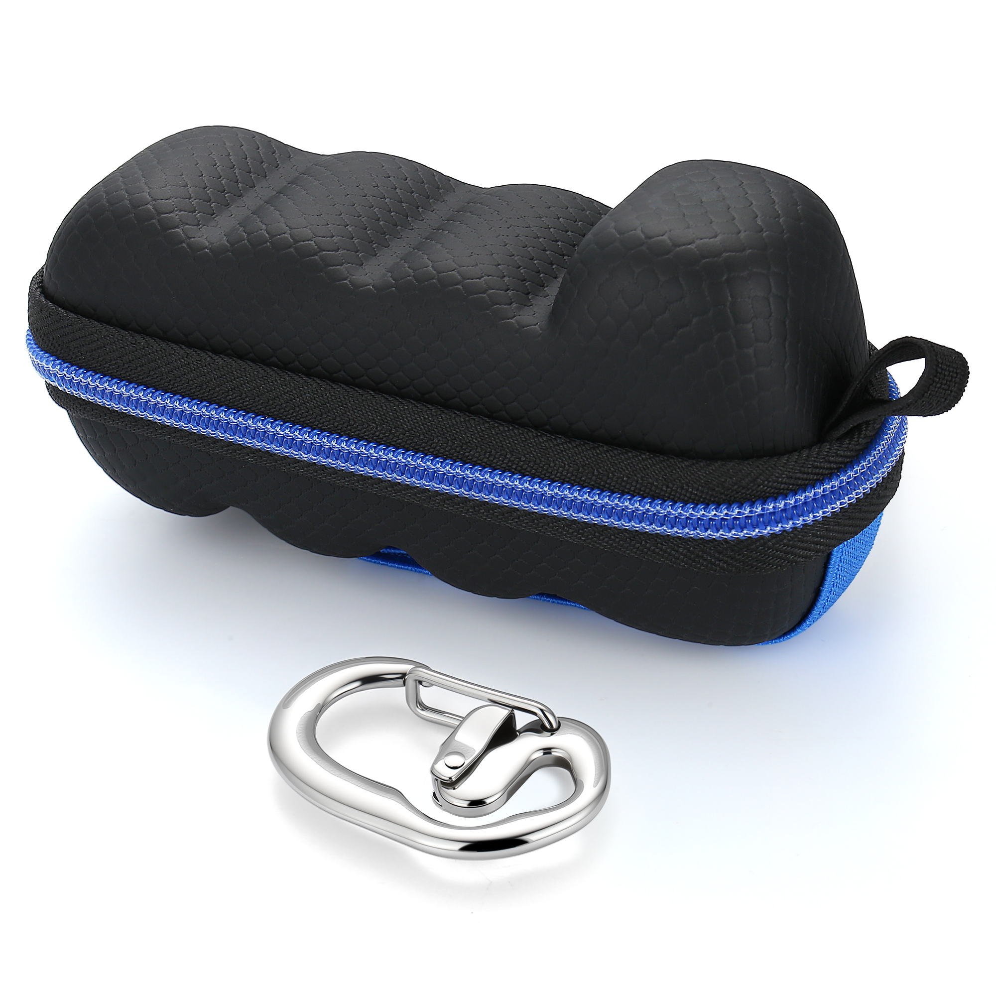 A black hard-shell protective case with a textured, contoured surface and vibrant blue accents along the zipper line and bottom panel. The case features a black zipper, a small black fabric loop for attachments, and a durable design. In the foreground, a polished silver D-shaped carabiner with a spring-loaded gate is displayed. Both items are set against a clean white background.