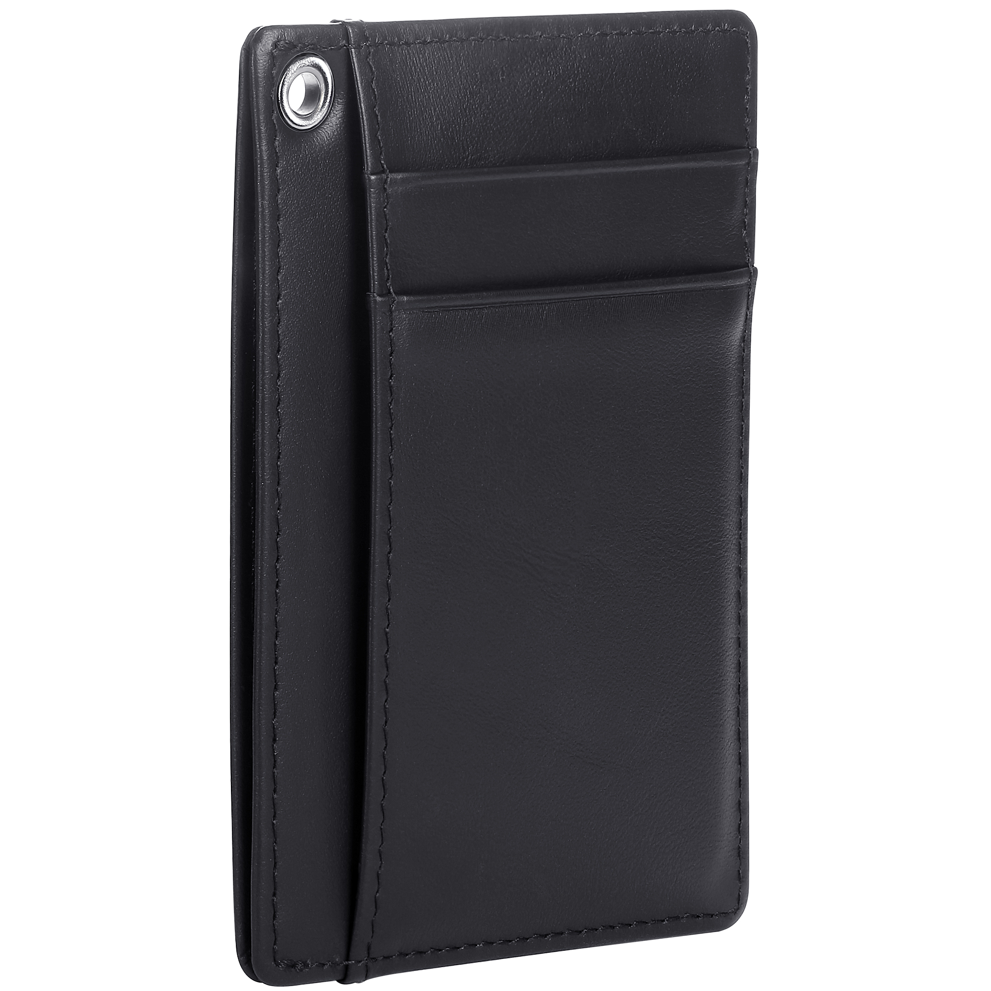 Black leather card holder with multiple card slots, fine stitching, and a silver eyelet for easy attachment, showcasing a sleek and minimalist design.