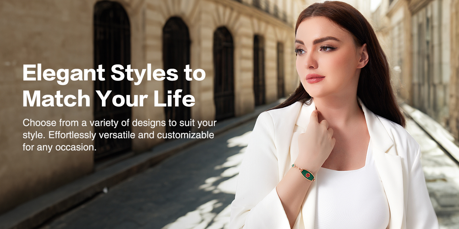 A stylish woman with long dark brown hair, wearing a white blazer and a bracelet featuring green and red accents, stands in a blurred European-style street. The left side of the image displays white promotional text reading, "Elegant Styles to Match Your Life," emphasizing customizable and versatile designs for any occasion.