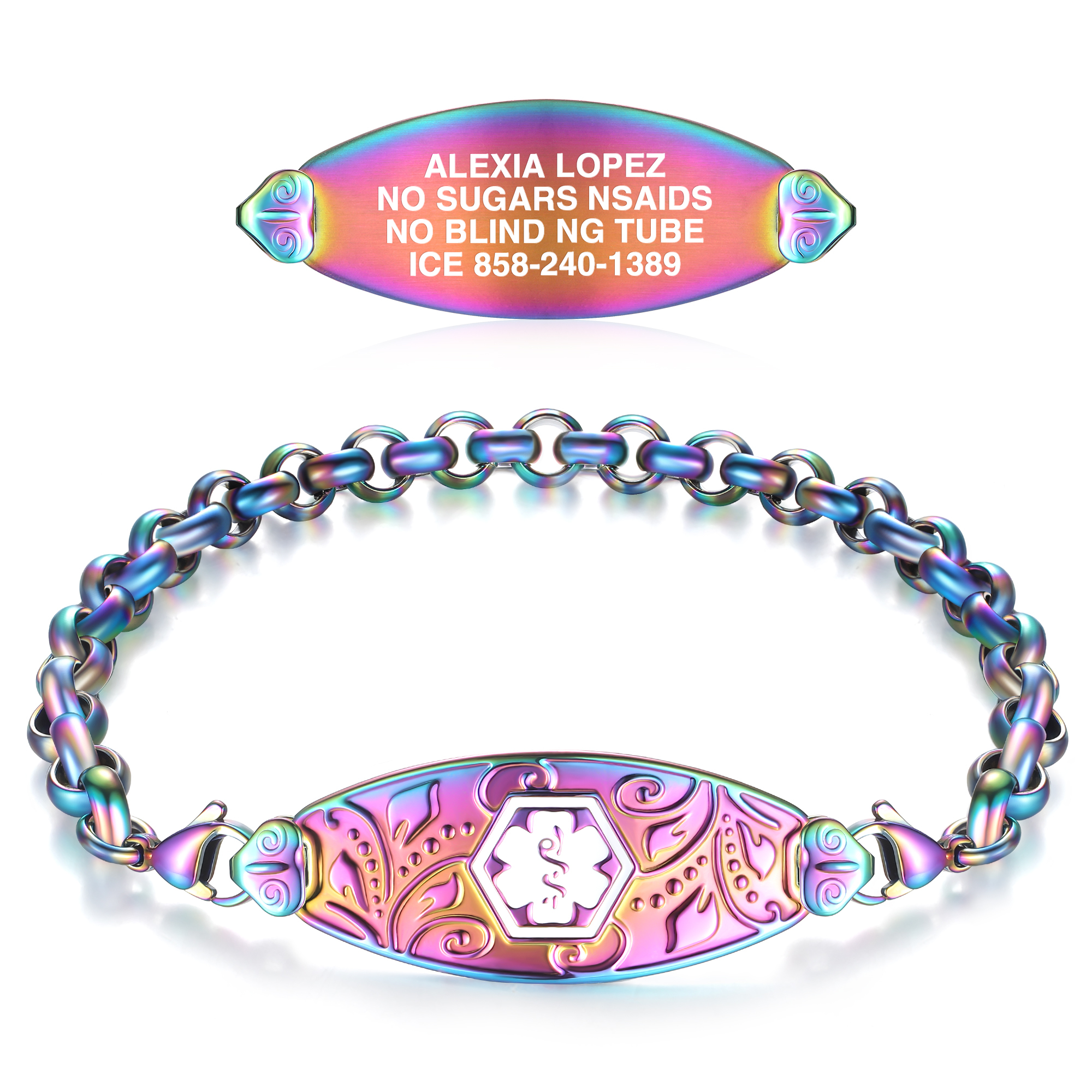 Iridescent medical alert bracelet with a customizable engraved tag displaying medical details: 'Alexia Lopez, No Sugars, NSAIDs, No Blind NG Tube, ICE 858-240-1389.' The bracelet features a vibrant rainbow finish, a decorative medical symbol, and an interlocking chain design, displayed on a white background.