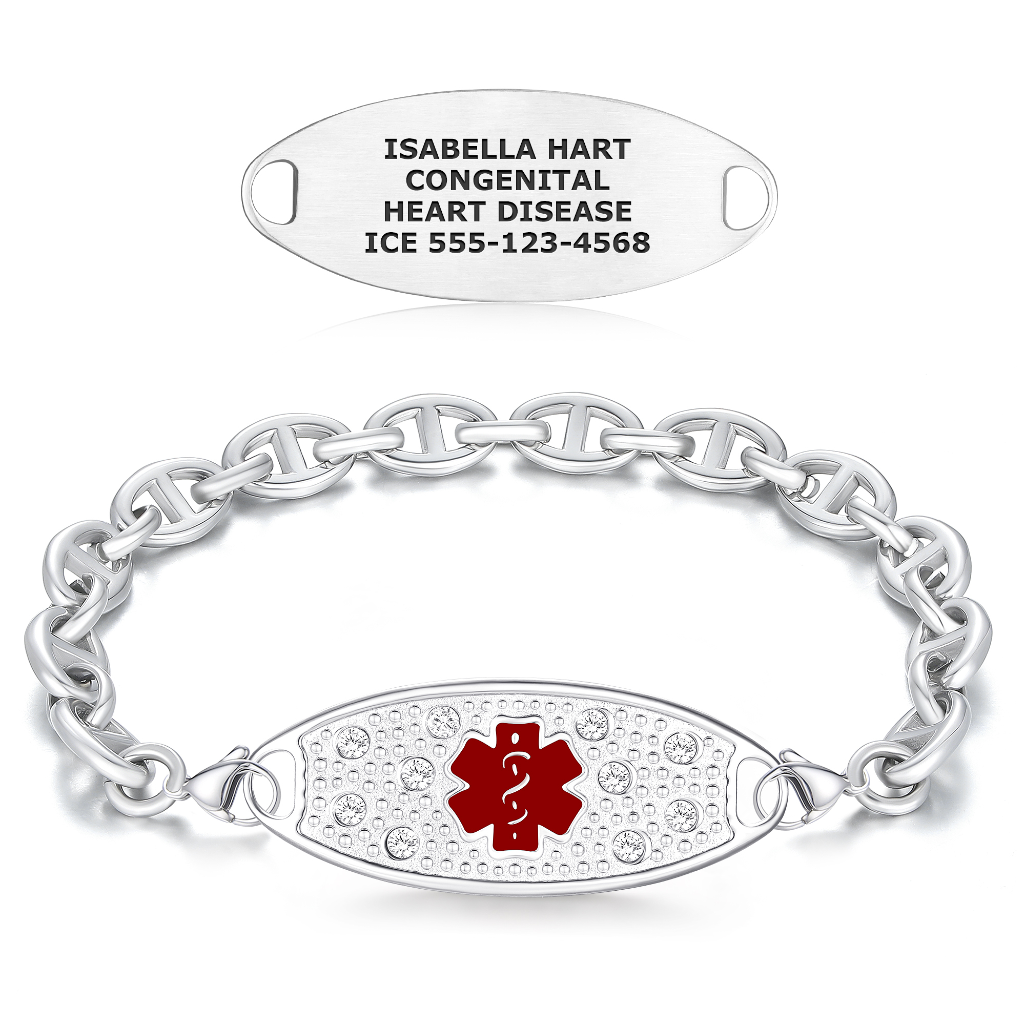 A silver medical alert bracelet featuring a polished anchor-style chain and an oval central plaque with a red Star of Life medical symbol surrounded by clear faceted gemstones and a textured silver background. Above the bracelet, a separate silver oval tag is displayed, engraved with medical information: "CARDIOMYOPATHY, A-FIB ON AMIODARONE, PACEMAKER, ICE (858)240-1389." The bracelet is secured with a silver lobster clasp and is set against a clean white background.