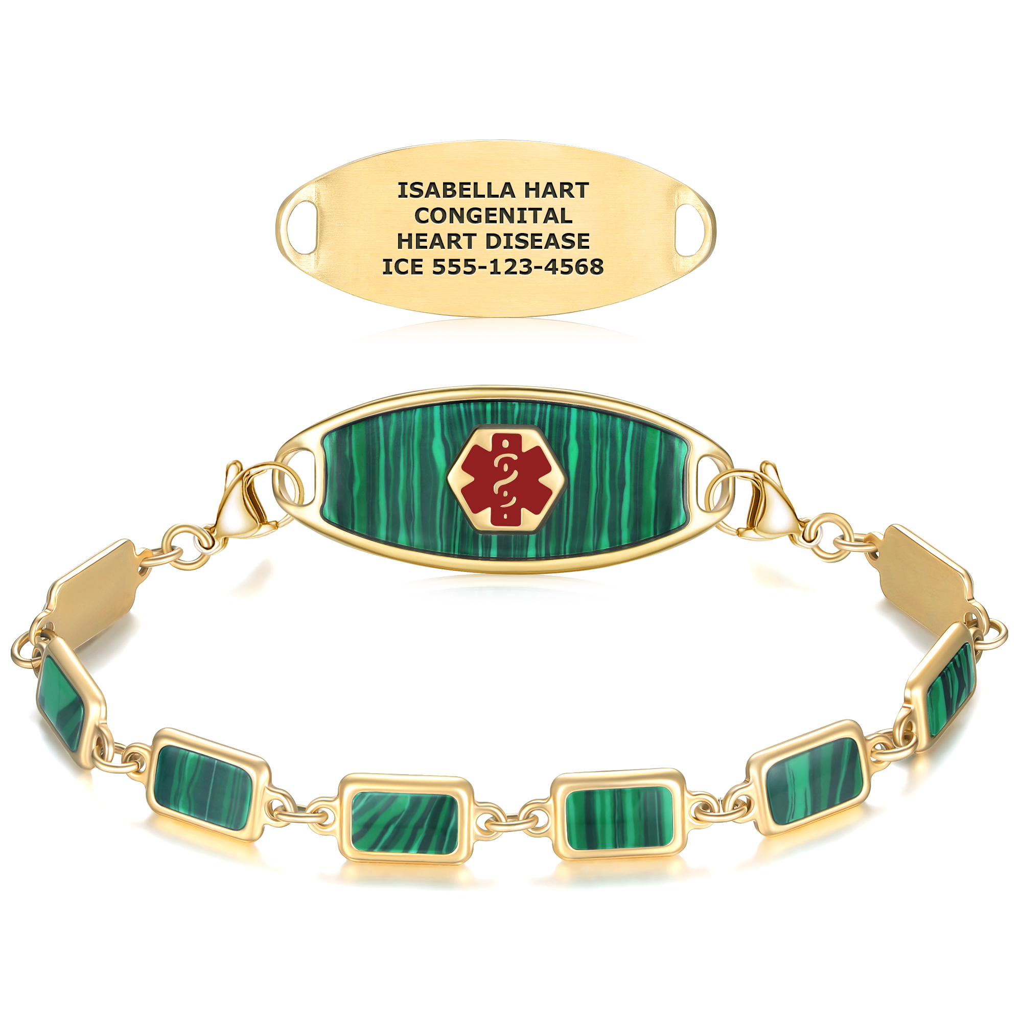 A gold-toned medical alert bracelet featuring a central oval plaque with a vibrant green malachite-like insert and a red hexagonal medical alert symbol with a gold border. The bracelet includes rectangular gold-toned links with matching green malachite-like inserts, connected by small gold rings. Above the bracelet, a separate gold oval plaque is displayed, engraved with medical information: "CARDIOMYOPATHY, A-FIB ON AMIODARONE, PACEMAKER, ICE (858)240-1389." The bracelet is secured with gold lobster claw clasps and is set against a clean white background.