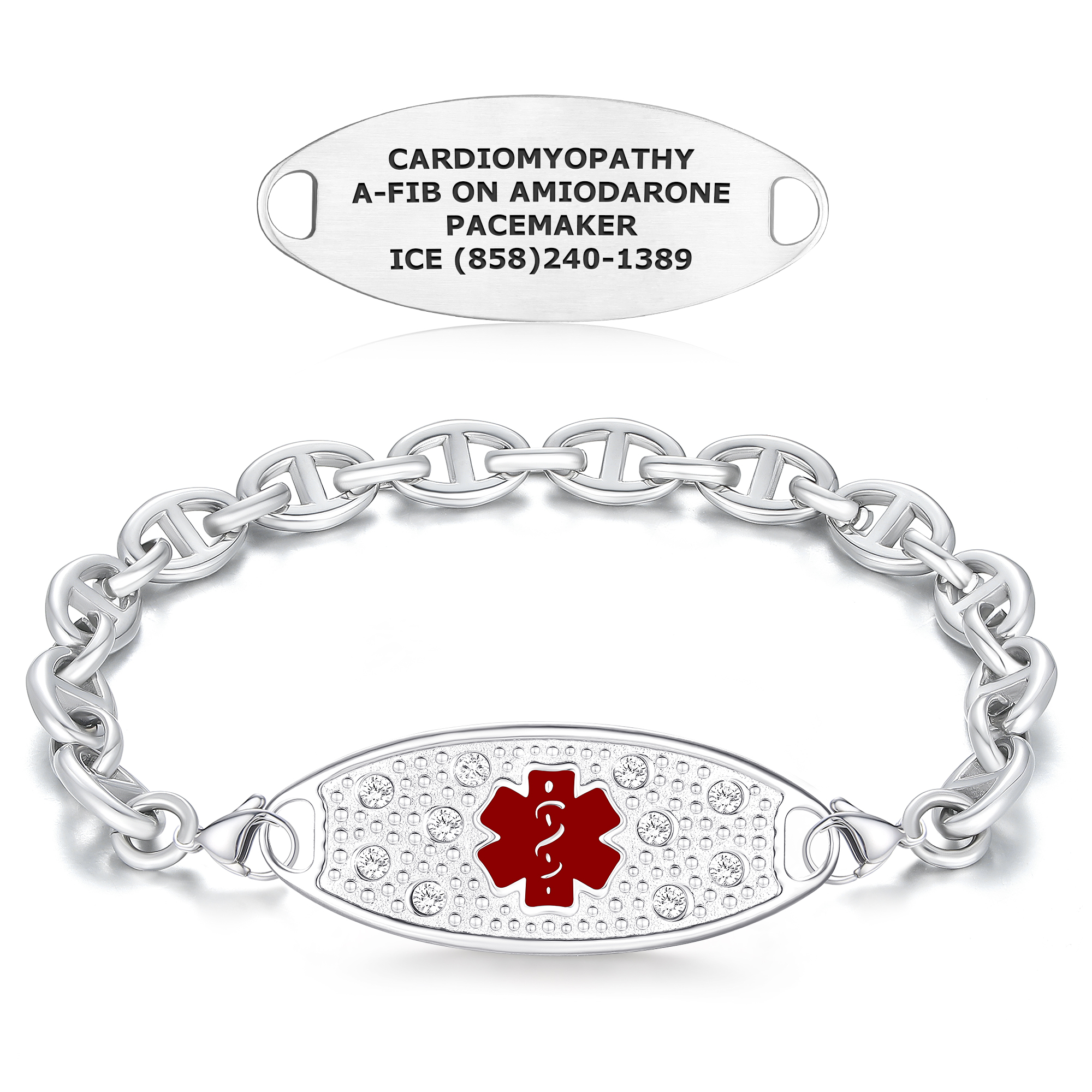 A silver medical alert bracelet featuring a polished anchor-style chain and an oval central plaque with a red Star of Life medical symbol surrounded by clear faceted gemstones and a textured silver background. Above the bracelet, a separate silver oval tag is displayed, engraved with medical information: "CARDIOMYOPATHY, A-FIB ON AMIODARONE, PACEMAKER, ICE (858)240-1389." The bracelet is secured with a silver lobster clasp and is set against a clean white background.