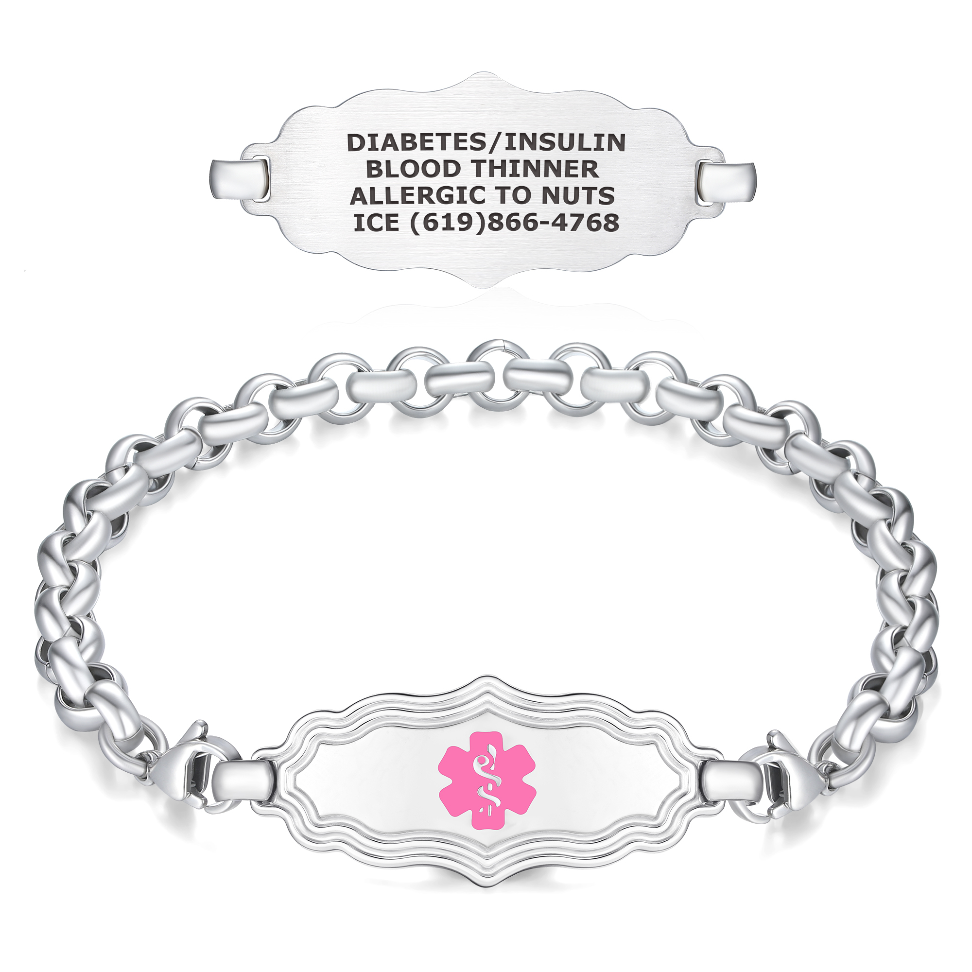A silver medical alert bracelet featuring a chunky Rolo chain and an ornate scalloped ID tag with a polished white center. The tag displays a vibrant pink Star of Life medical symbol. Above the bracelet, a separate view of the reverse side of the tag is shown, engraved with "DIABETES/INSULIN, BLOOD THINNER, ALLERGIC TO NUTS, ICE (619)866-4768" in black uppercase text. The bracelet is set against a clean white background.