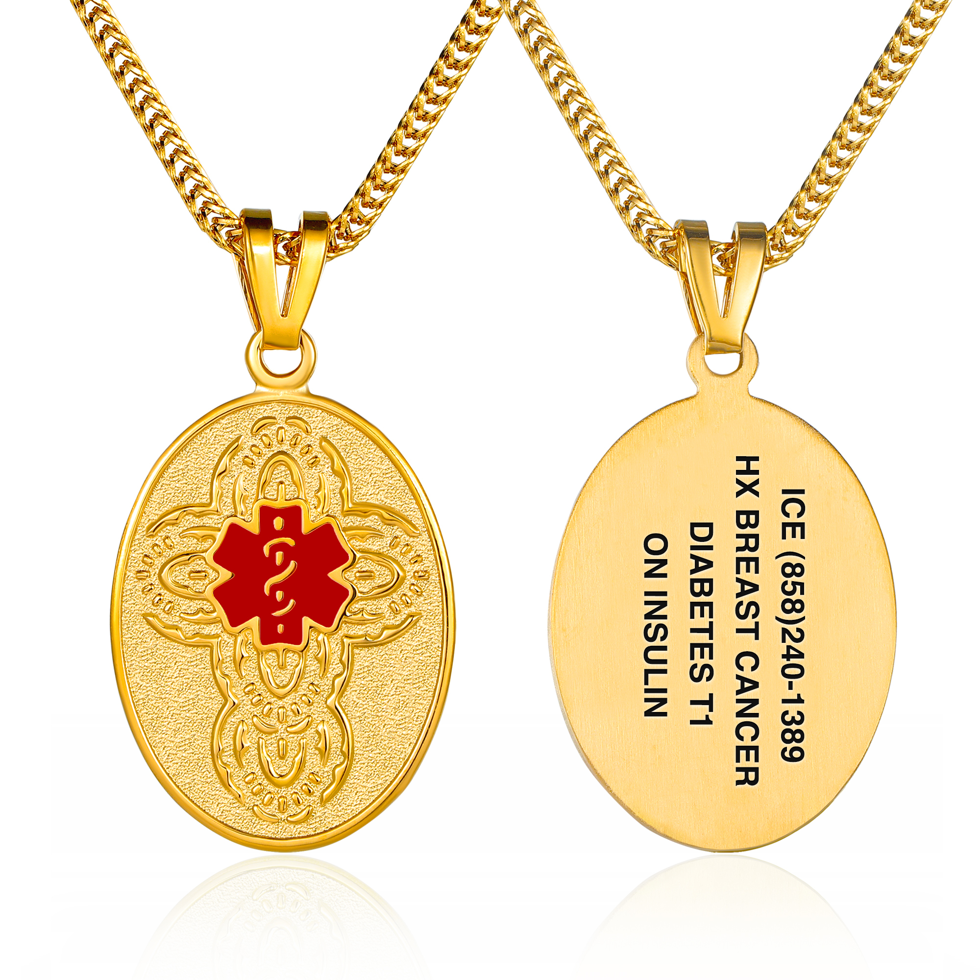 A gold oval medical alert pendant with a matching gold chain, shown from both the front and back. The front features a raised red caduceus symbol surrounded by a textured gold cross-like design. The back is engraved with emergency details: "ICE (858)240-1389, HX Breast Cancer, Diabetes T1, On Insulin." The pendant and chain are displayed on a white background with a subtle reflection, combining elegance with essential medical functionality.