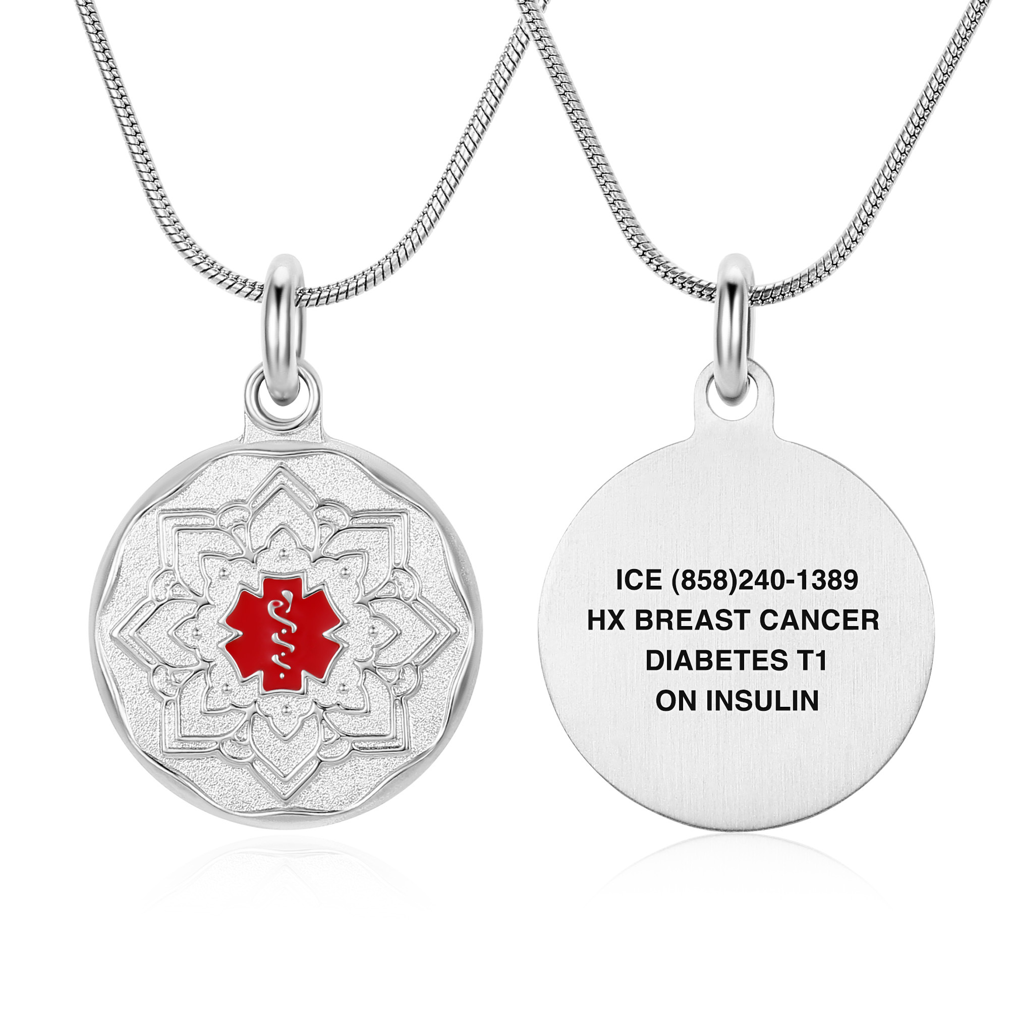 A silver circular medical alert pendant with a finely woven snake-style chain, shown from both the front and back. The front features a textured mandala-like design with a prominent red Star of Life medical symbol in the center. The back is polished silver, engraved with emergency details: "ICE (858)240-1389, HX Breast Cancer, Diabetes T1, On Insulin." The necklace is displayed on a white background with a subtle reflection, combining elegance with essential medical functionality.